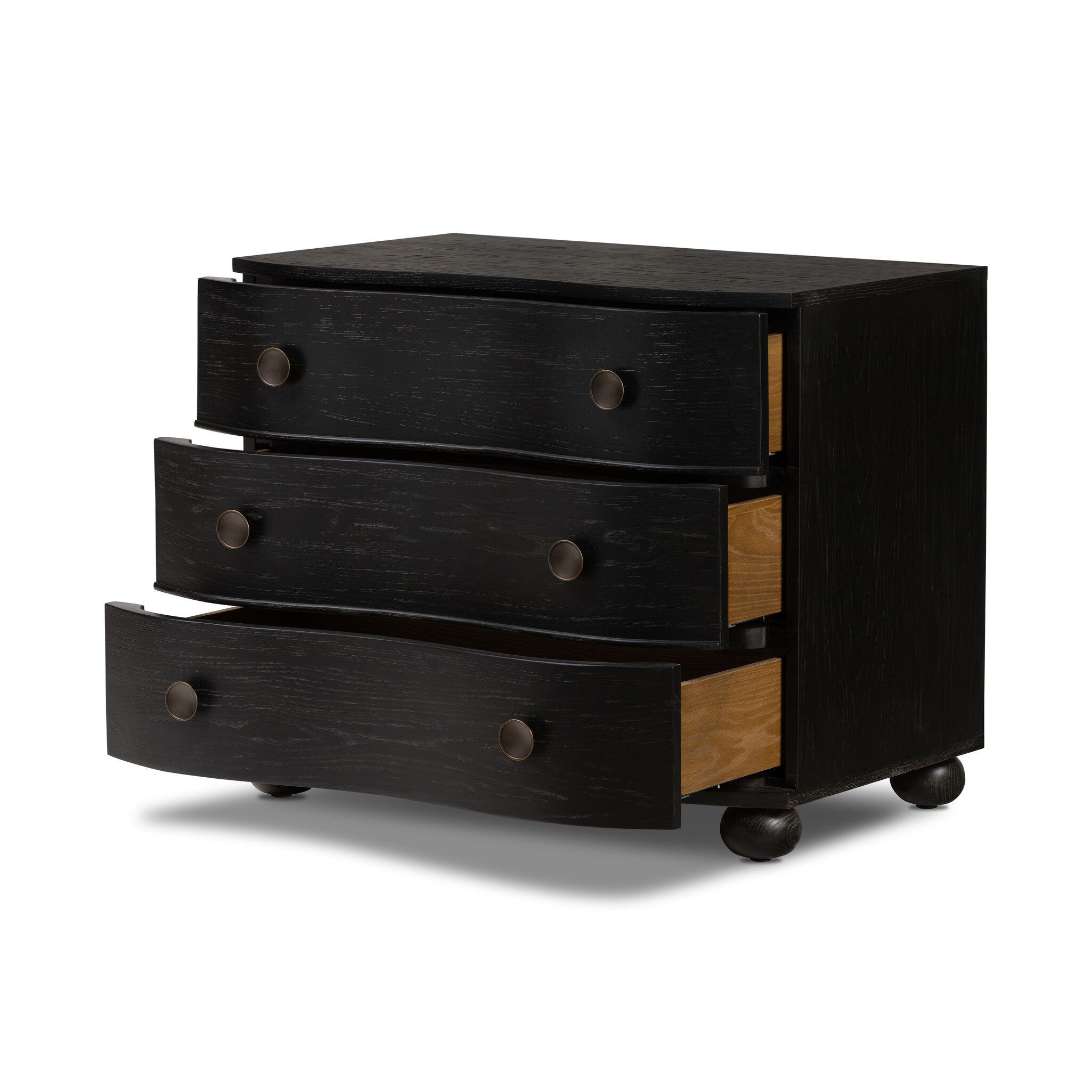 Dark wood dresser with three drawers and round knobs on a white background.