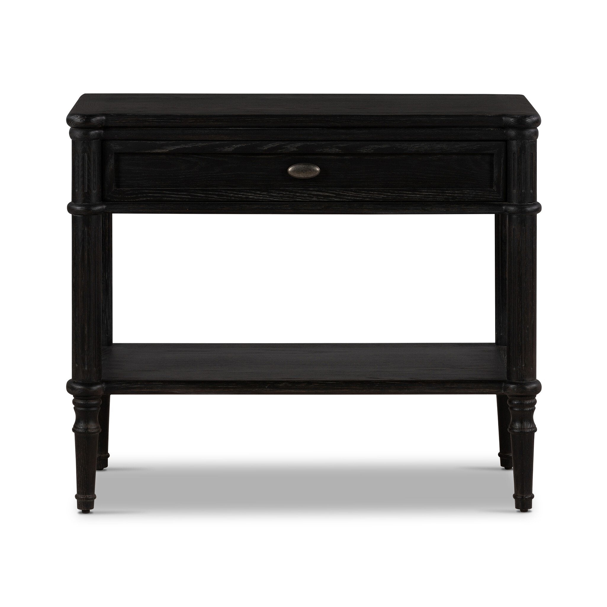 Distressed black oak nightstand with a drawer and a shelf on a white background. | S.W. Home