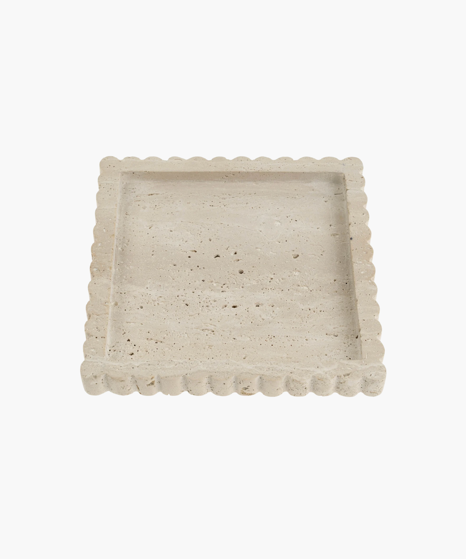 Square beige stone tray with a scalloped edge. The surface is textured with natural imperfections, conveying a rustic, elegant tone. | SW Home