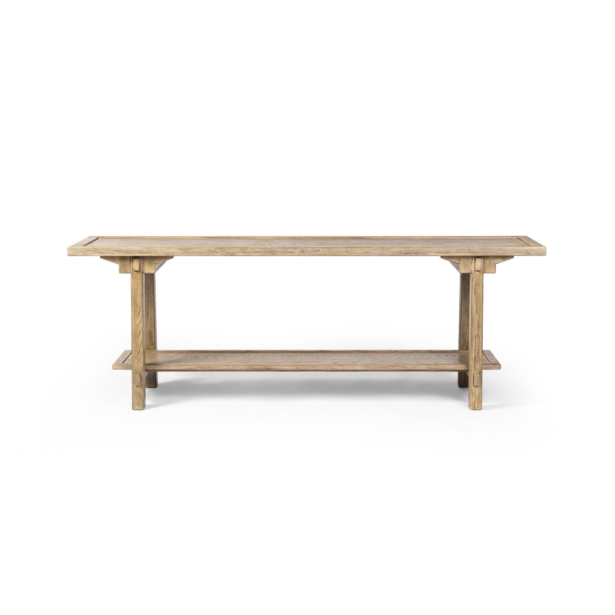 Wooden console table with a lower shelf on a white background. | S.W. Home