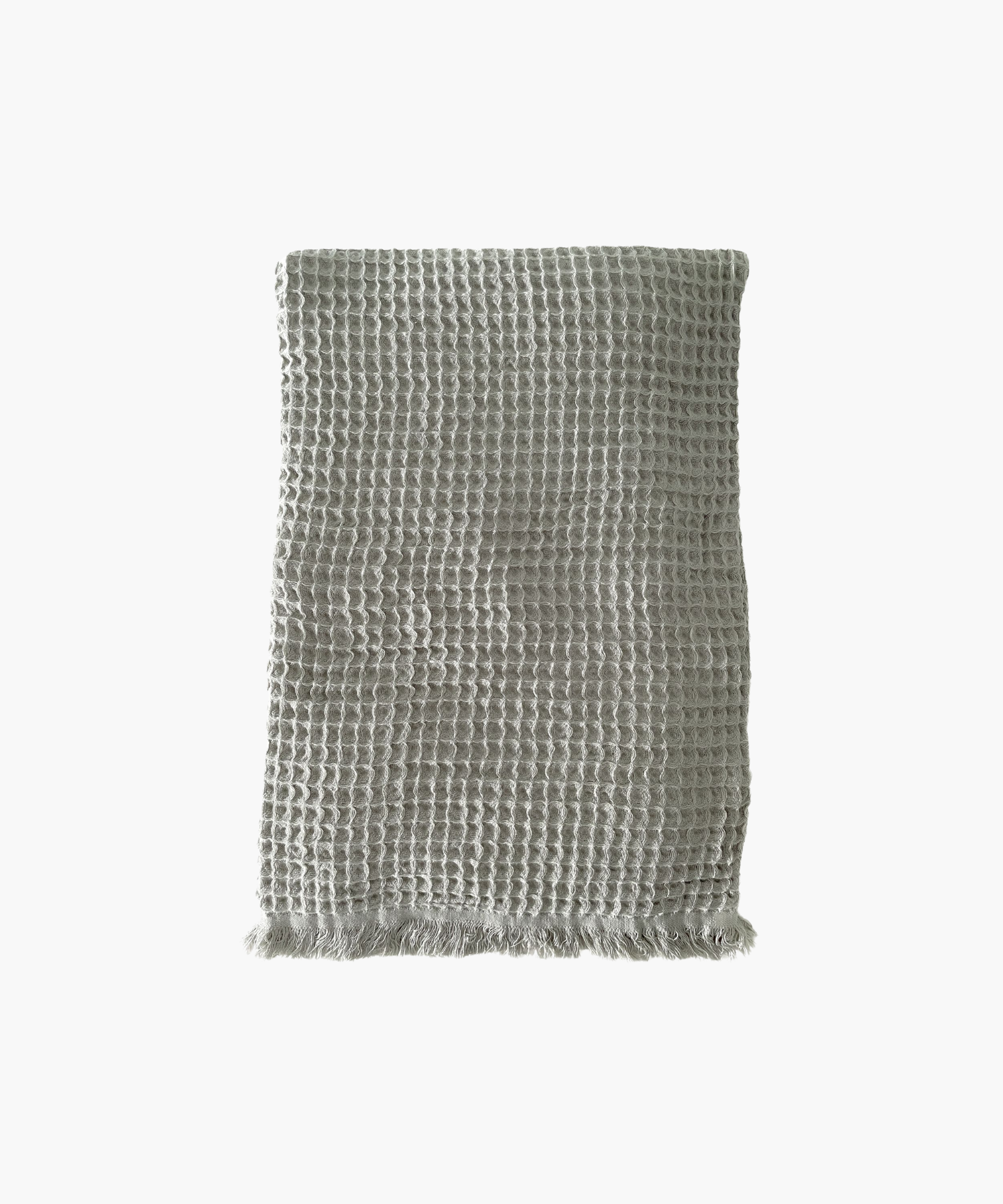 Olive waffle-textured throw blanket with fringed edges, laid flat. The soft material conveys a cozy, inviting feel. Suitable for any living room or bedroom. | SW Home