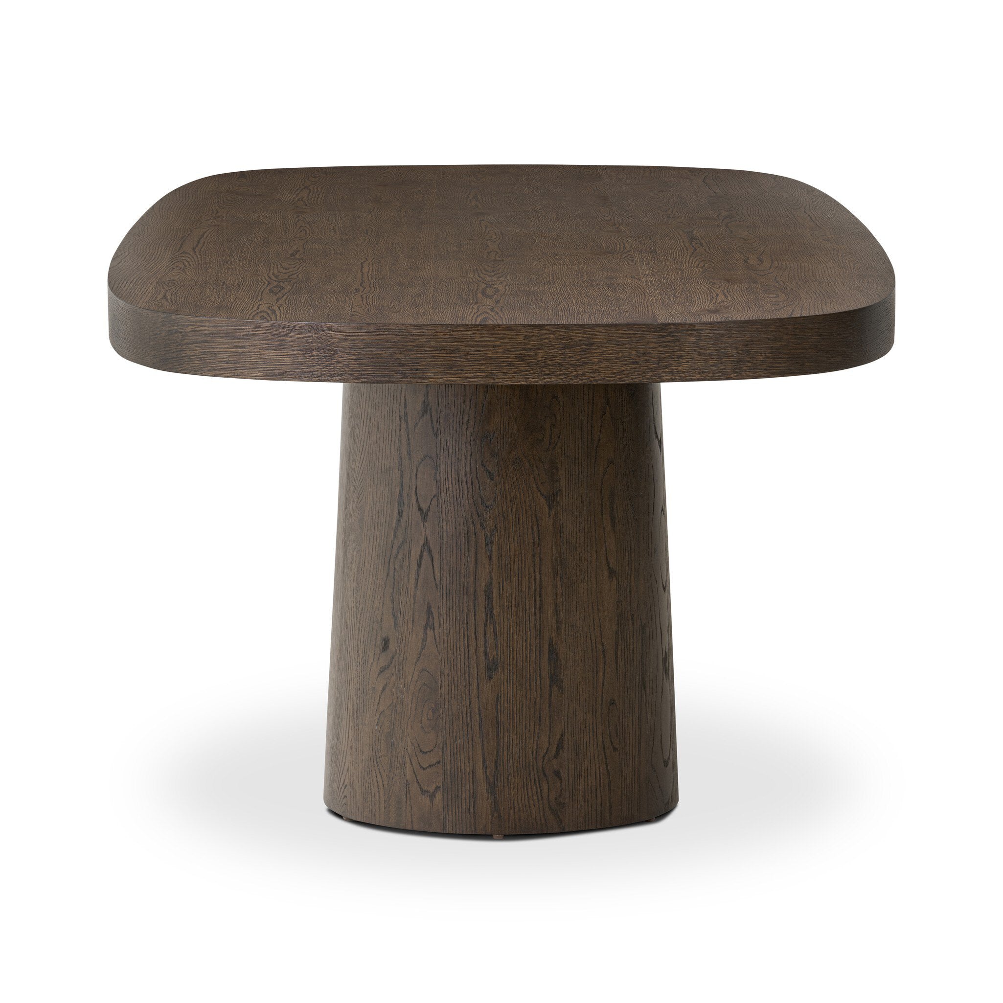 Front profile of a wooden dining table with two cylindrical legs on a white background.