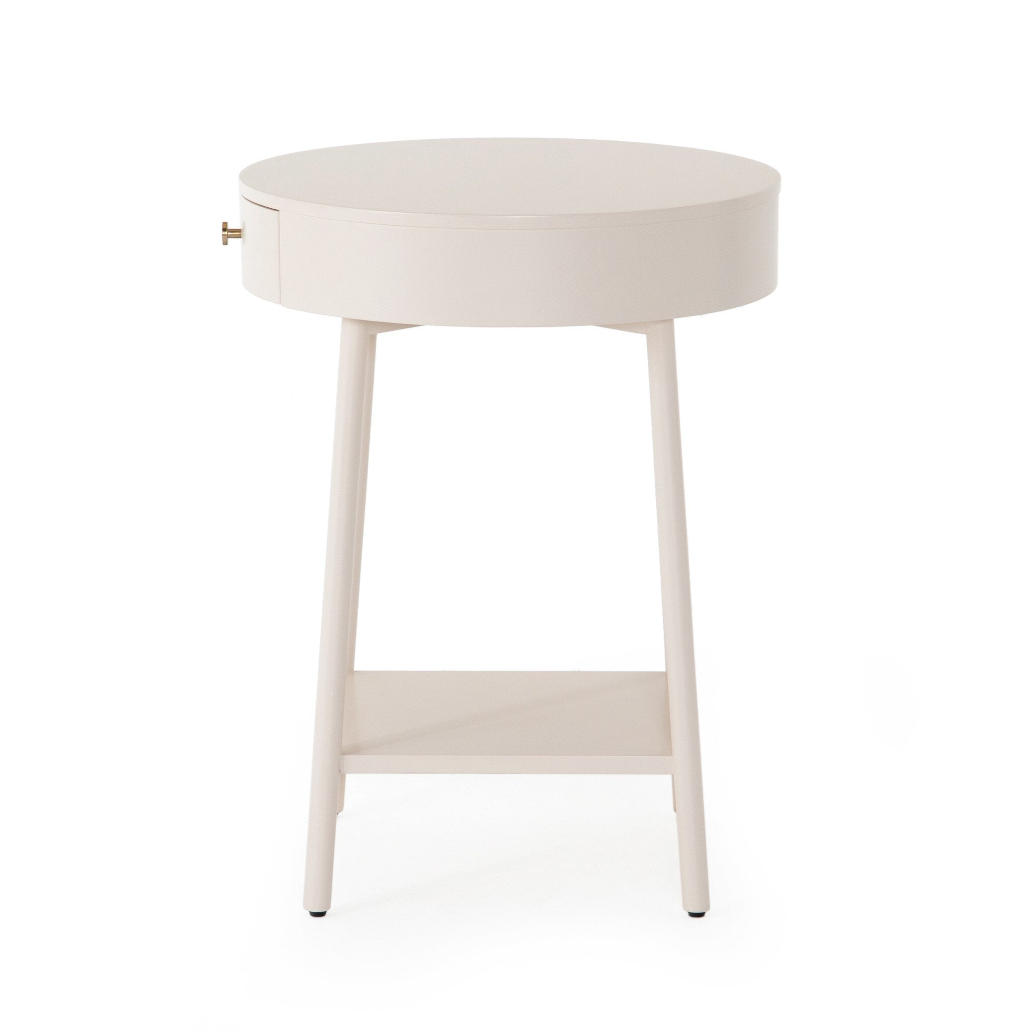 White nightstand with a drawer on a white background.
