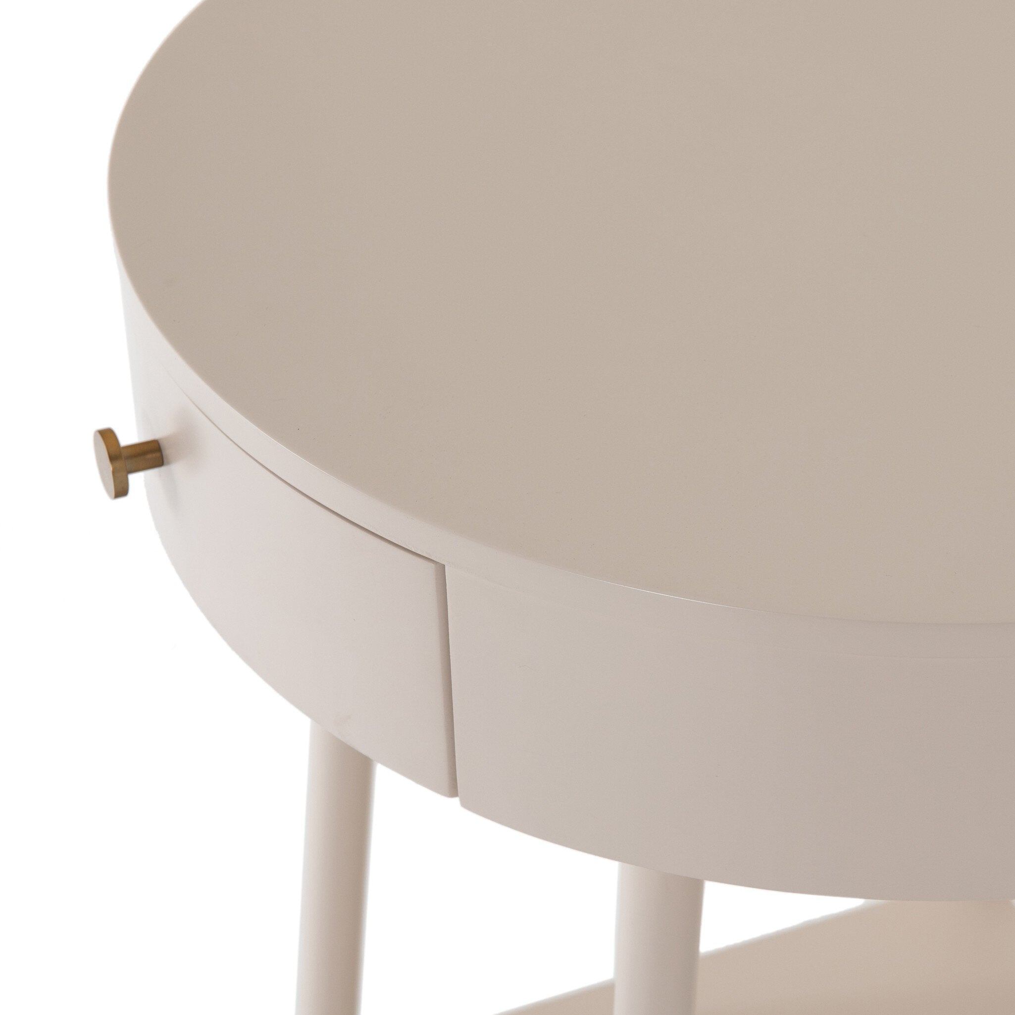 Close up of a white nightstand with a drawer on a white background.
