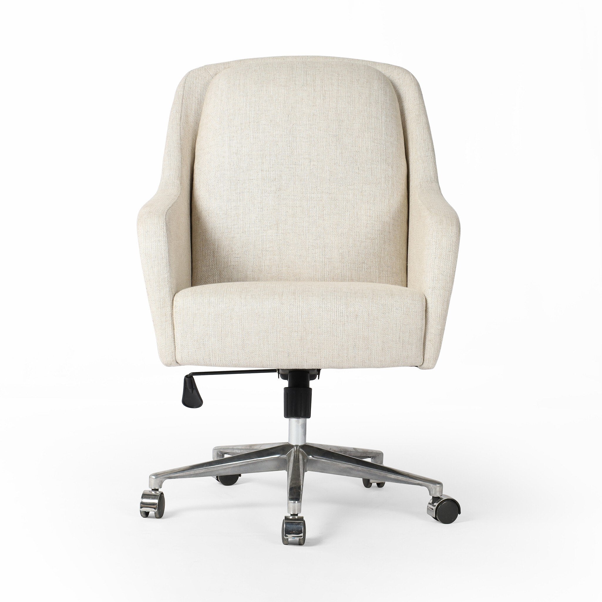 Ivory upholstered desk chair with a chrome base on a white background. | S.W. Home