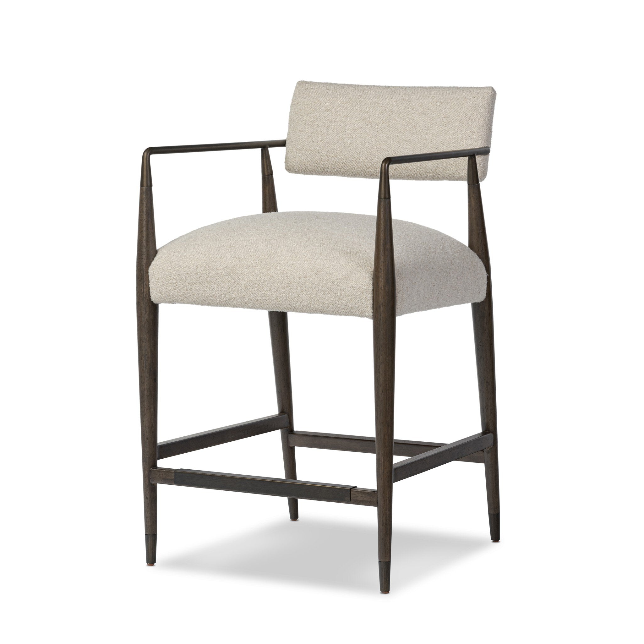 Beige counter stool with wooden frame on a white background