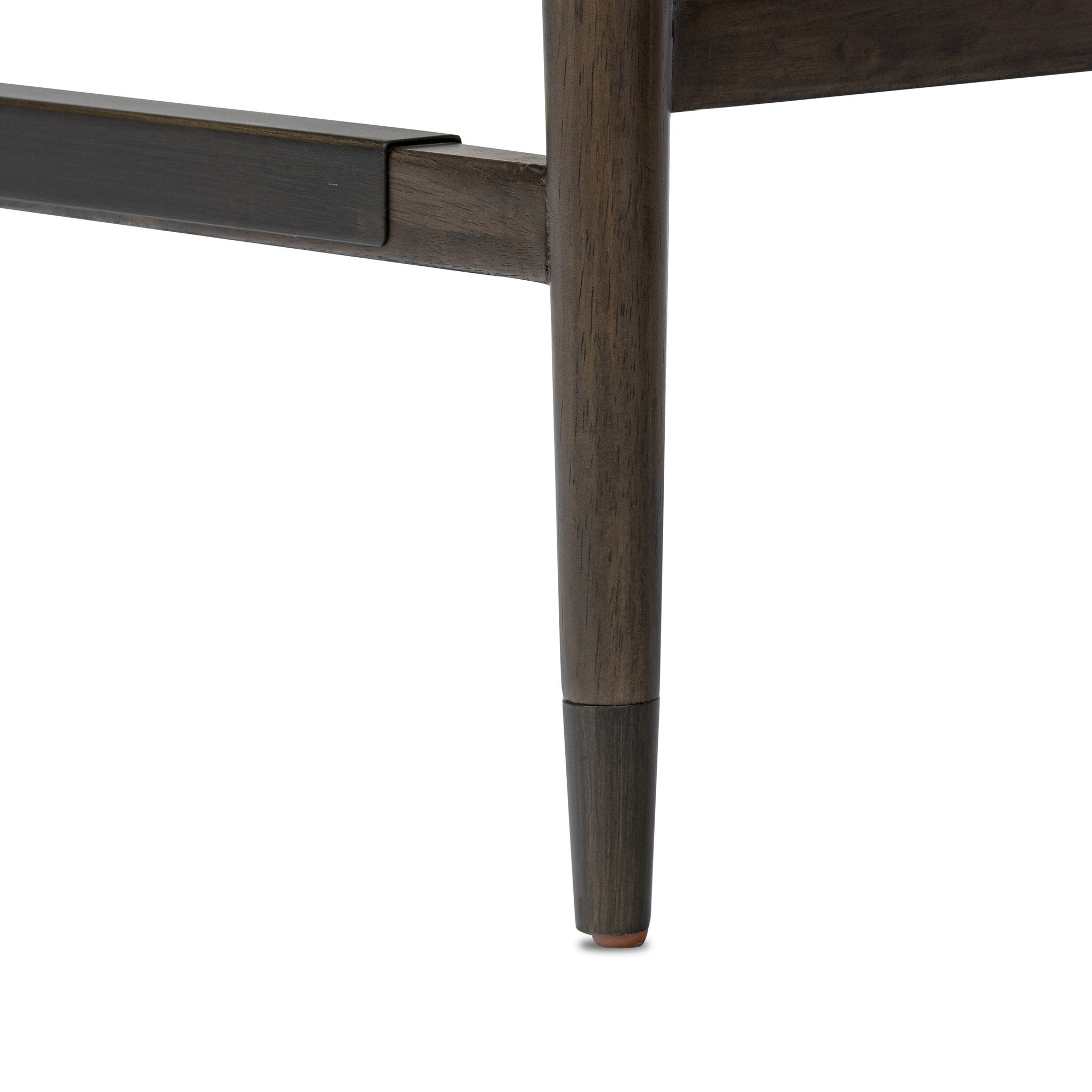 Close up of a beige counter stool with wooden frame on a white background.