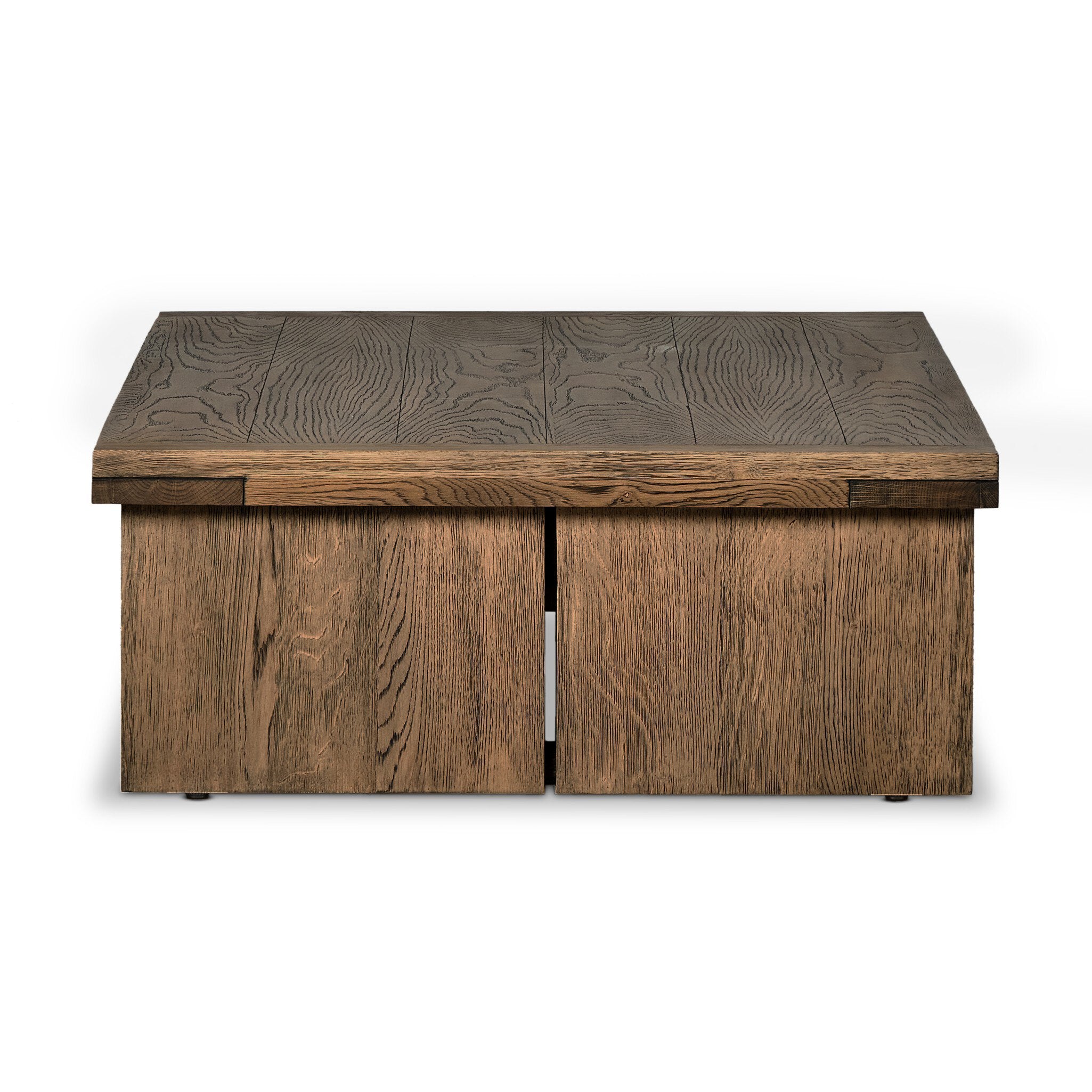 Side profile of an oak coffee table on a white background.