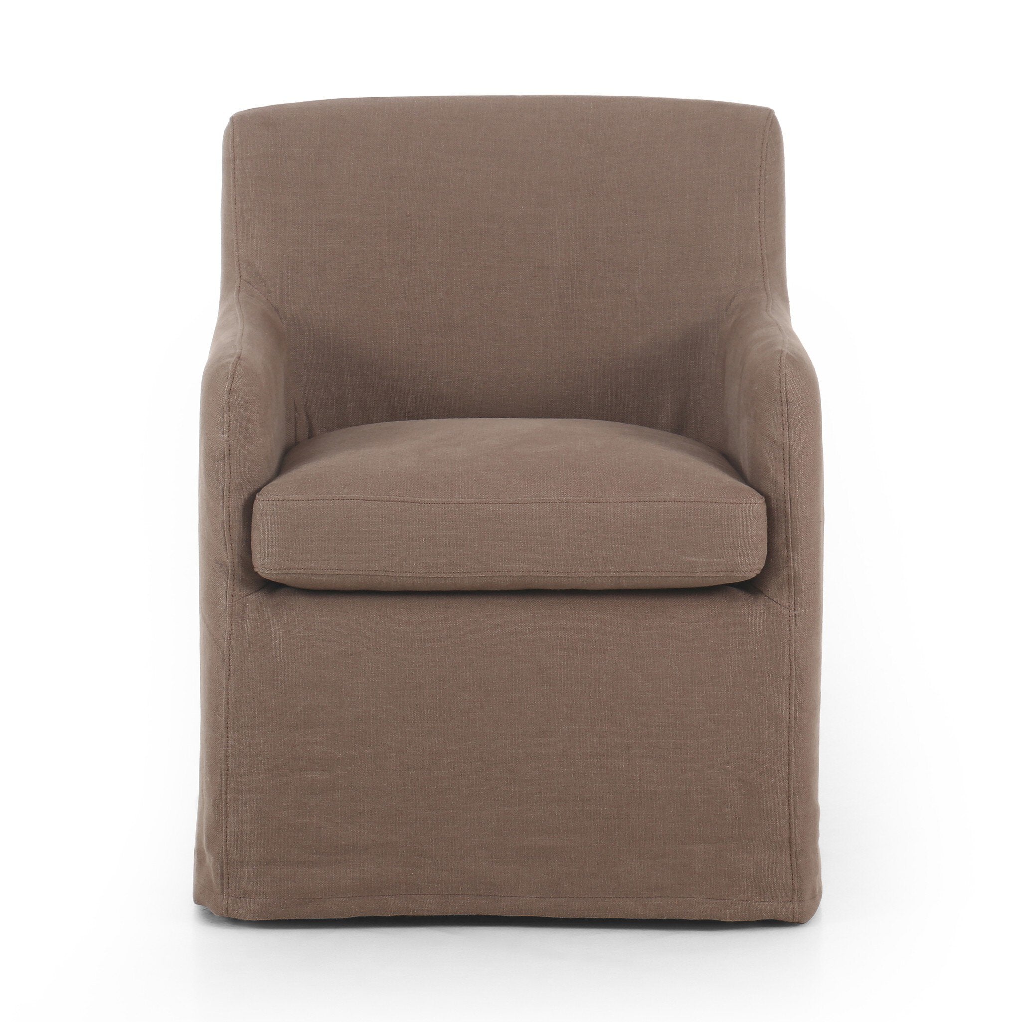 Slipcovered dining chair in an earthy mushroom brown hue with rounded arms on a white background. | S.W. Home