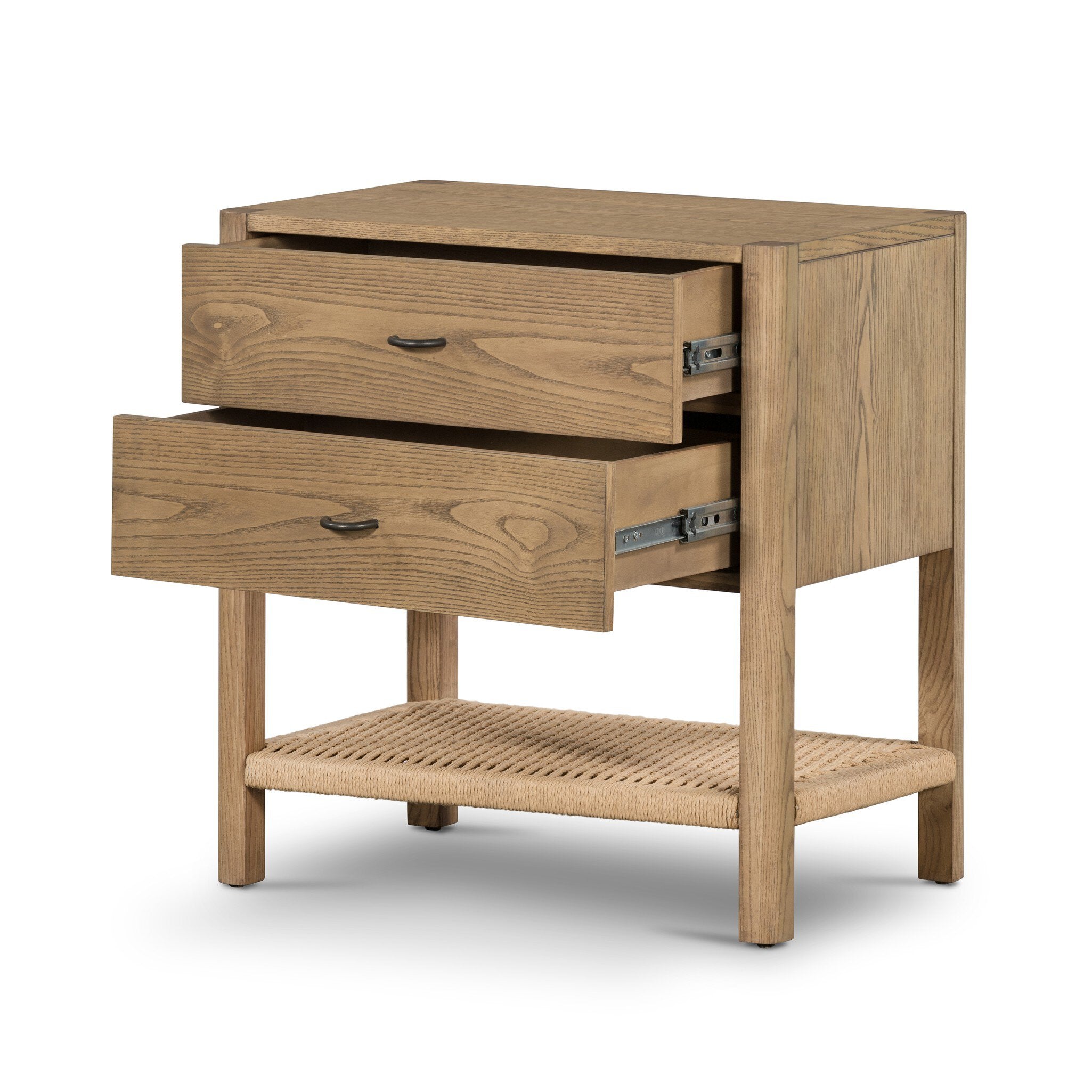 Wooden nightstand with two drawers and a woven shelf on a white background.