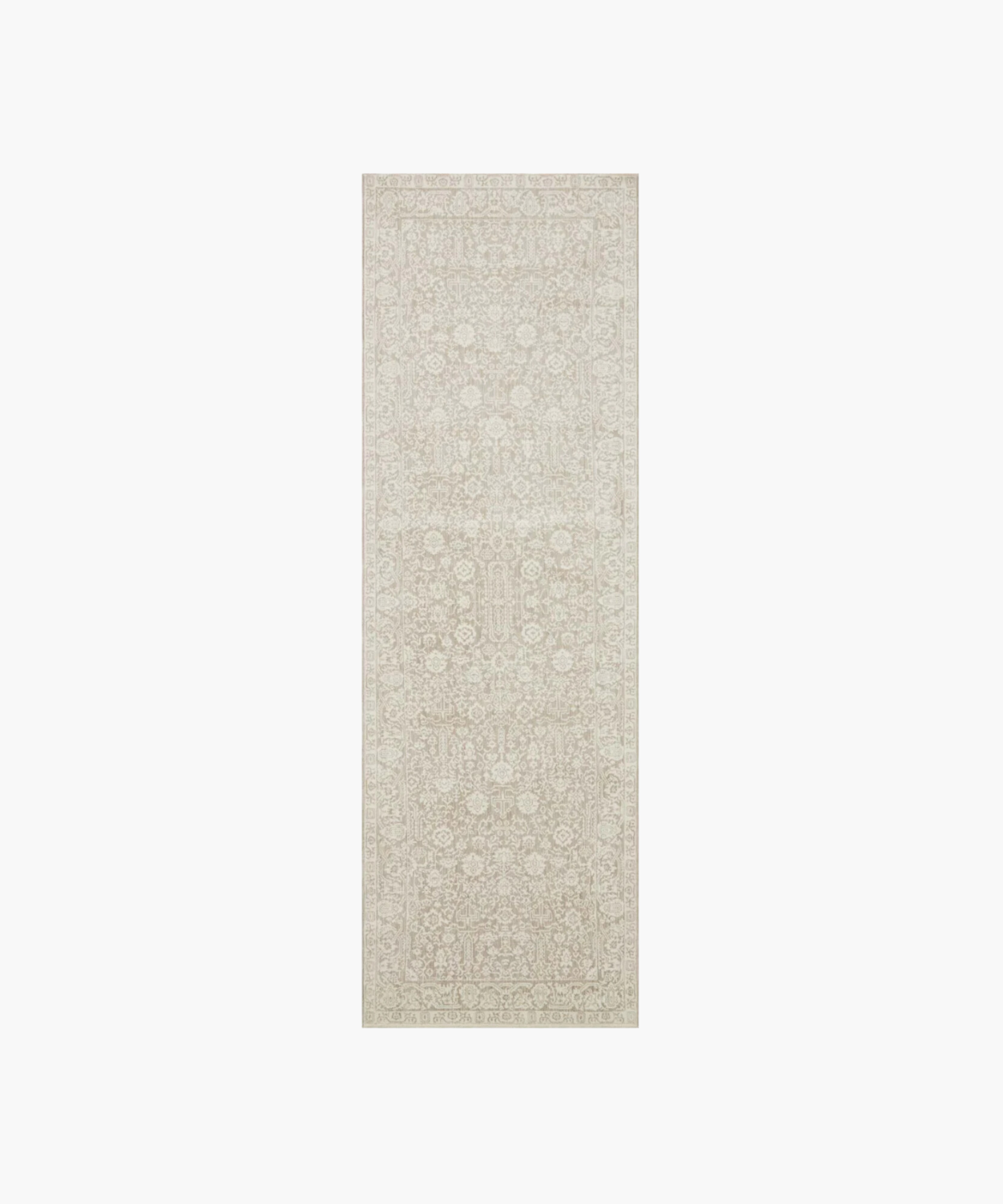 Elegant beige runner with intricate floral and geometric patterns. The ornate border and subtle color variations create a classic and sophisticated tone.