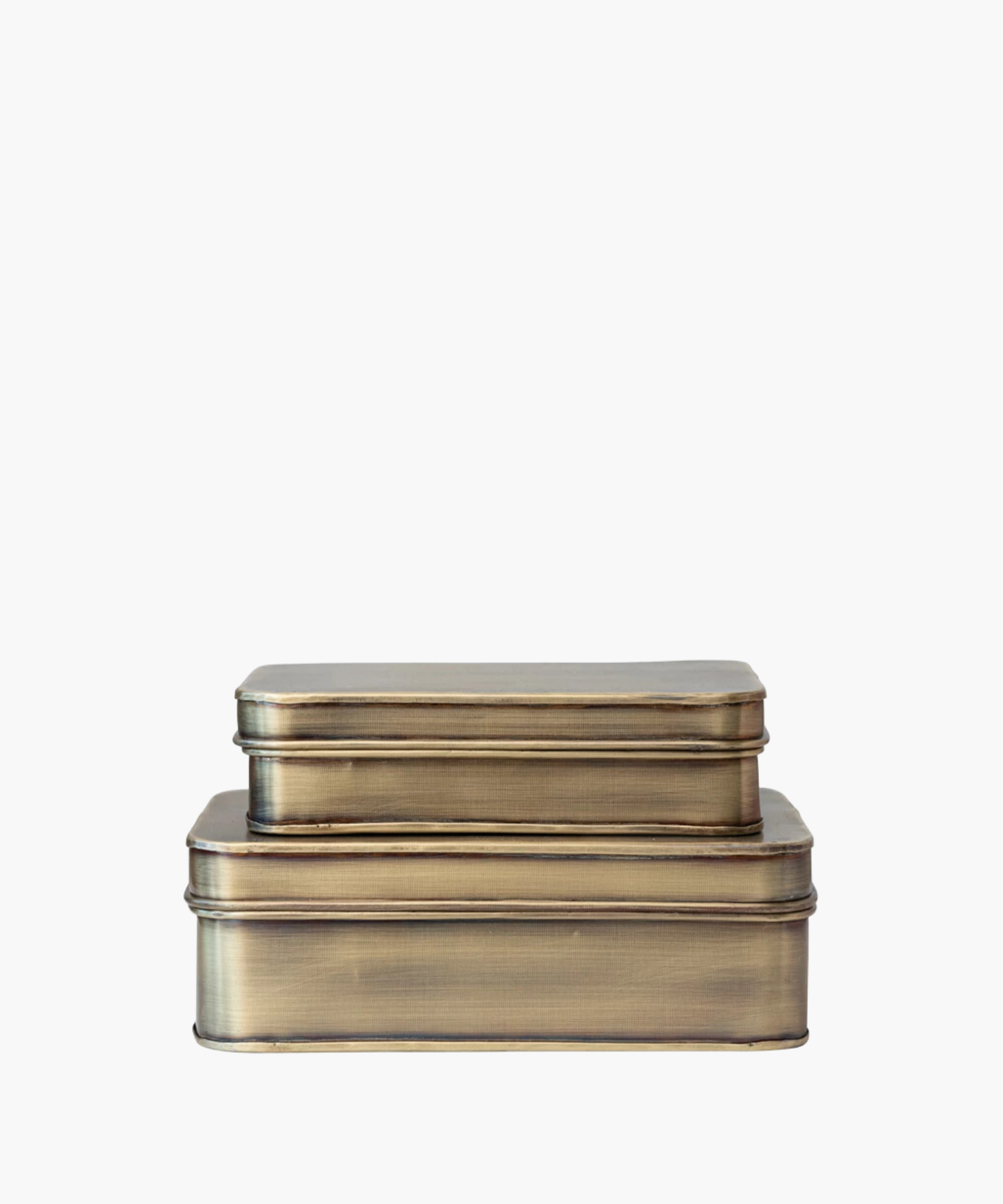 Two stacked vintage metal storage tins with a brushed brass finish. The tins are rectangular and convey a rustic, nostalgic feel against a white background. | SW Home