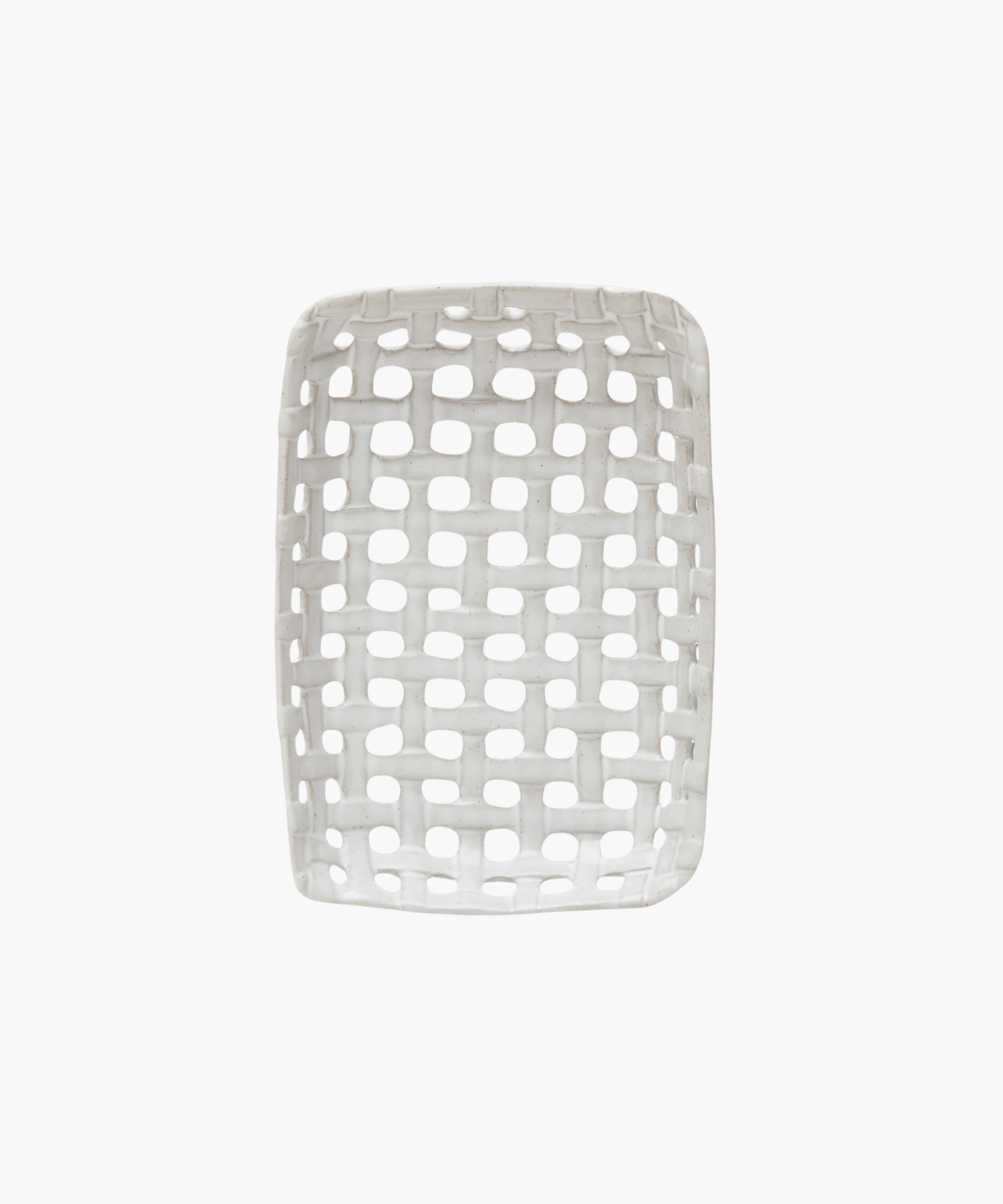 An overhead view of a white, rectangular ceramic basket dish with an open lattice design. The dish has a smooth finish and a contemporary look, evoking a minimalist style. | SW Home
