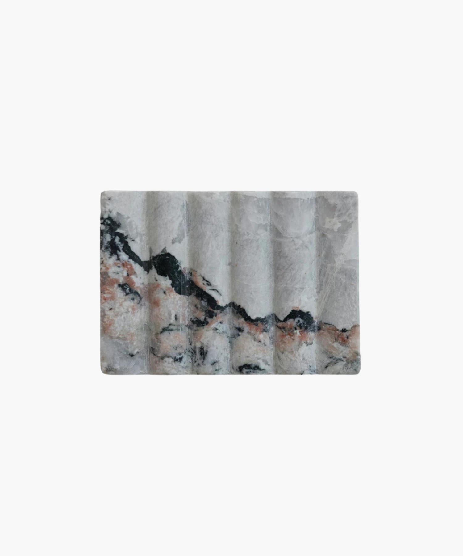 Overhead view of the rectangular marble soap dish with a wavy, textured surface. The stone features gray, black, and pink veins, conveying an elegant and natural aesthetic.