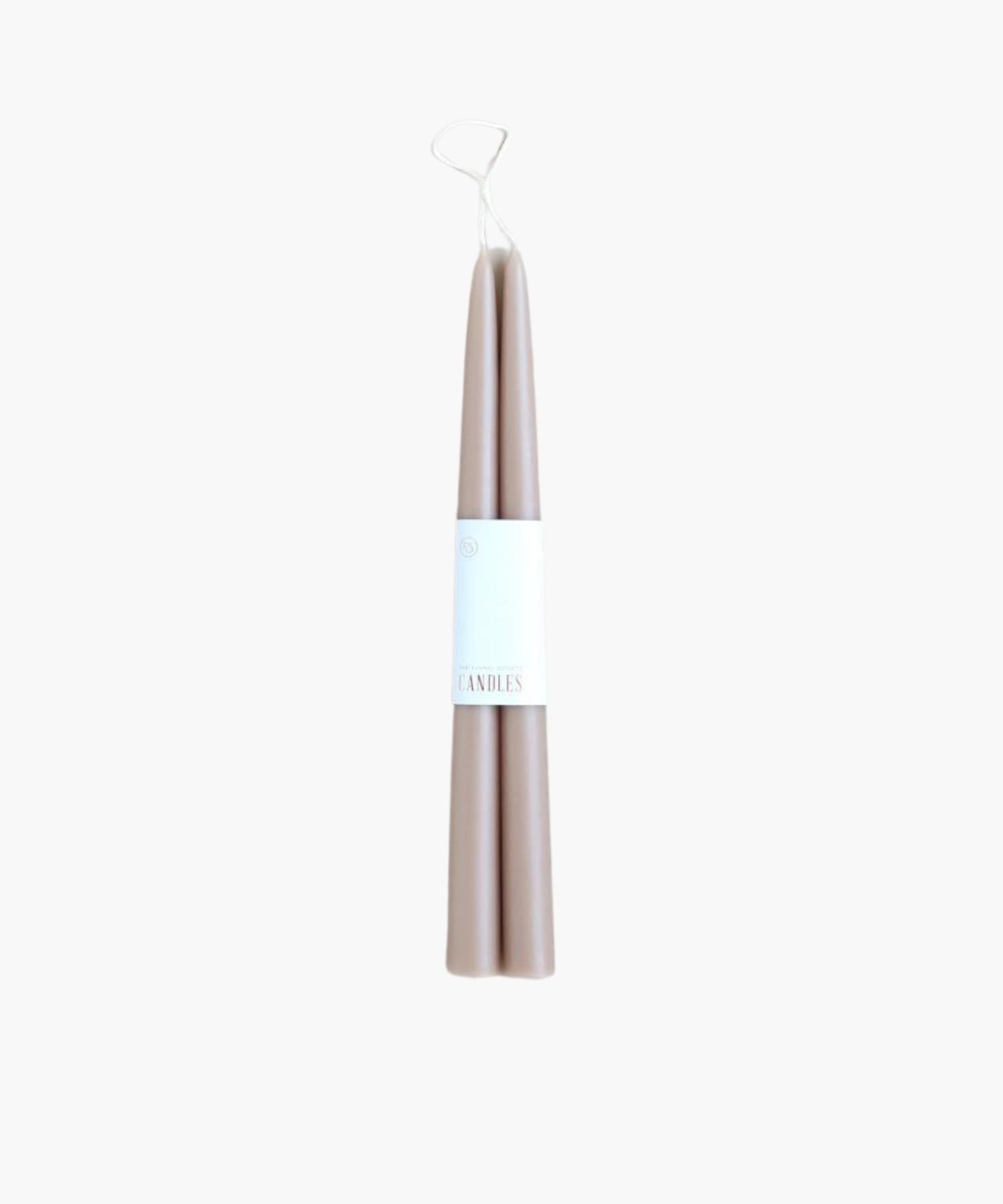 Two tall, beige taper candles bundled together with a white label. The candles are sleek and elegant, conveying a minimalist and calming aesthetic. | SW Home
