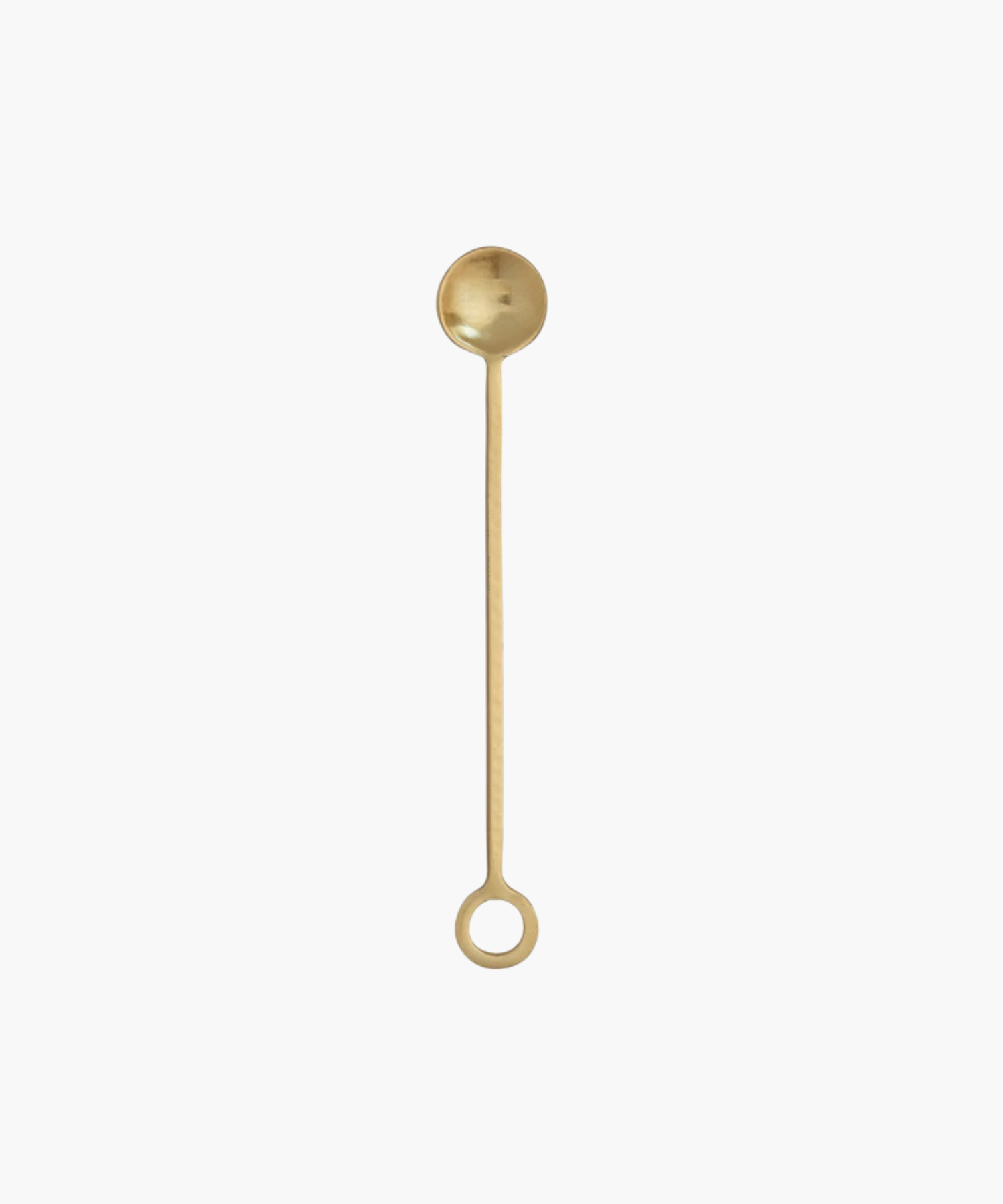Elegant gold cocktail stirrer with a round spoon at one end and a circular handle at the other, set against a white background, exuding sophistication. | S.W. Home