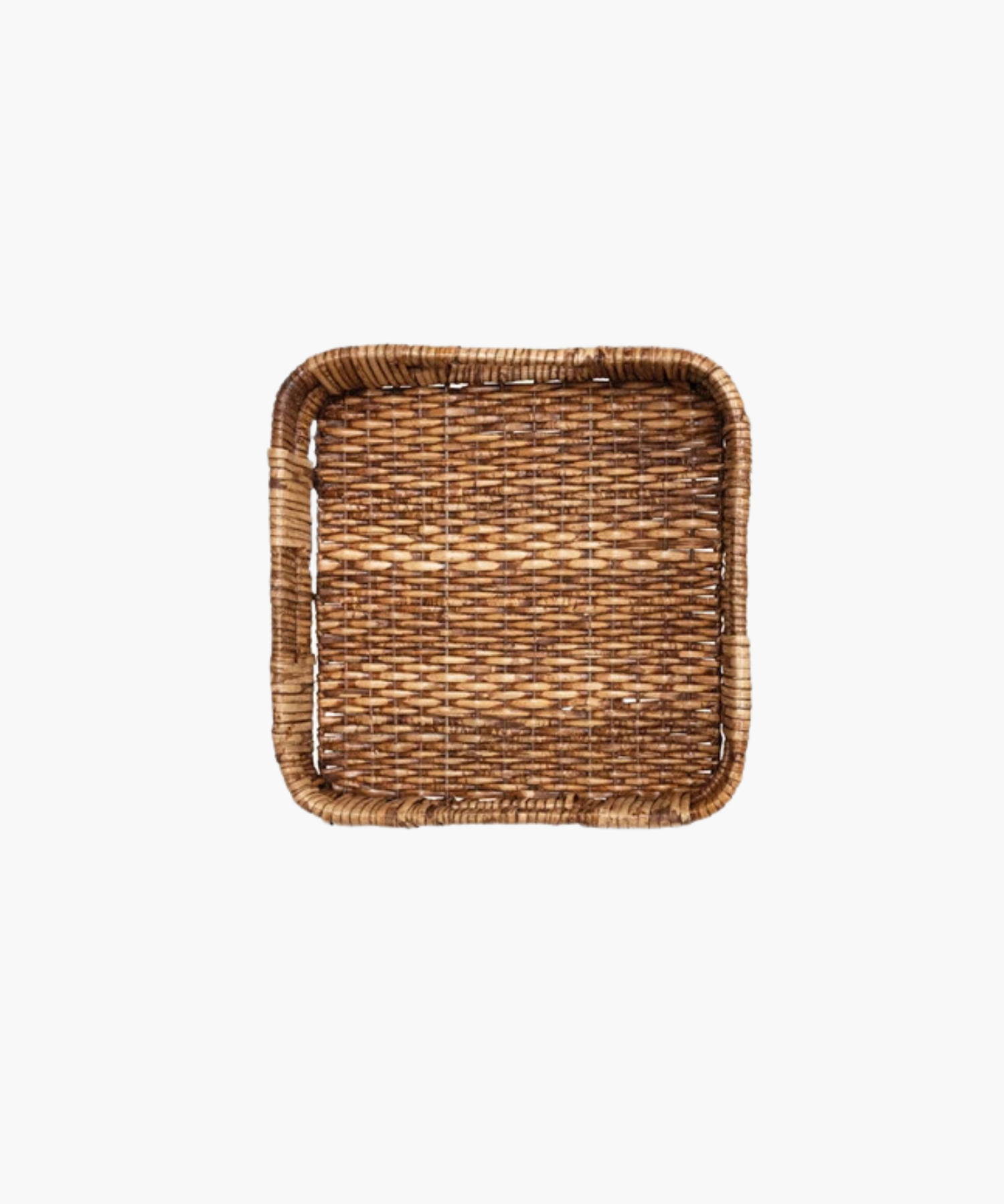 Square rattan tray with rounded edges, woven in a tight pattern. The tray is empty, showcasing natural brown tones and rustic texture. | SW Home