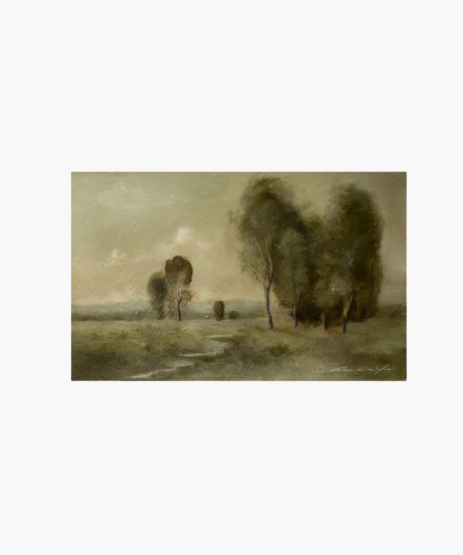 A serene landscape painting in muted tones features a grassy field with a winding path. Tall trees stand to the right under a cloudy sky, evoking tranquility. | SW Home
