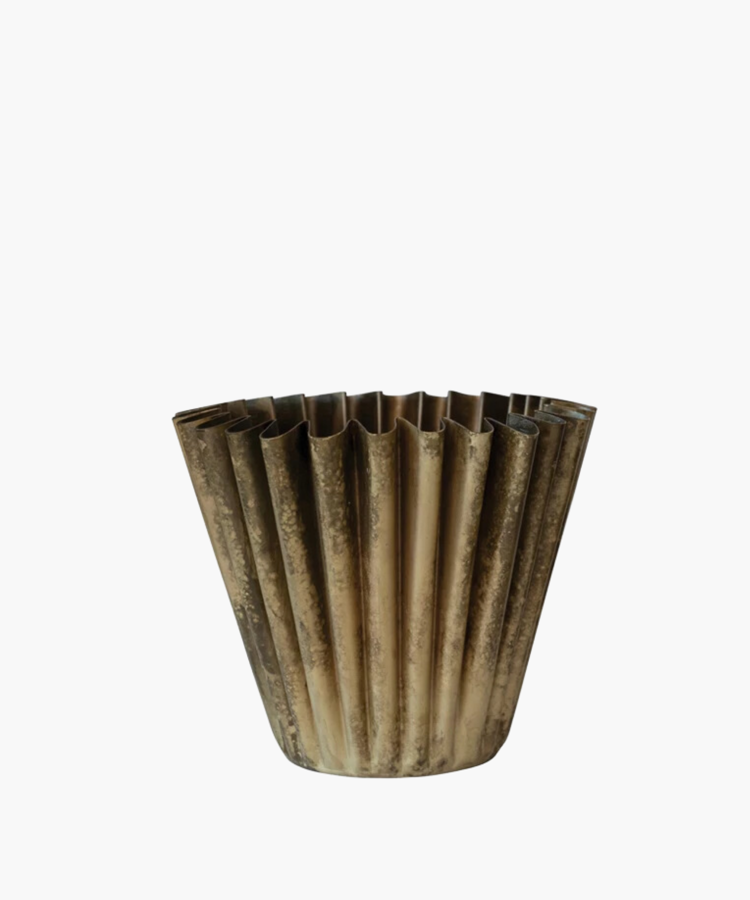 Vintage, fluted metal vessel with a weathered bronze finish. The corrugated design creates a fan-like pattern, evoking an industrial yet artistic feel. | S.W. Home