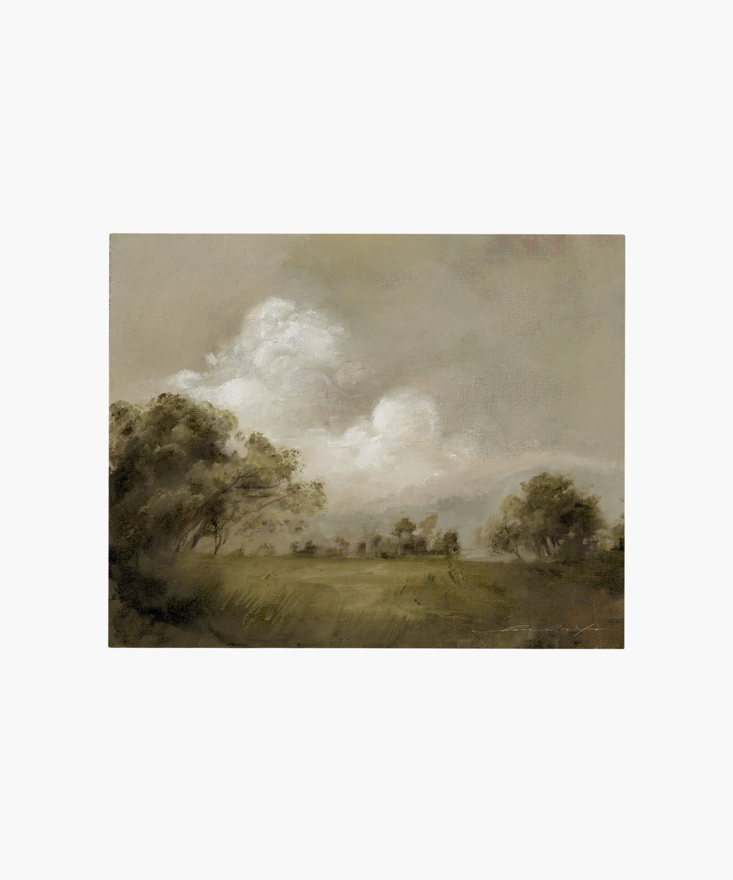 Soft, hazy landscape painting featuring open grassy fields, clusters of trees, and large billowing clouds under a muted, overcast sky. | Wildwood Home Co.
