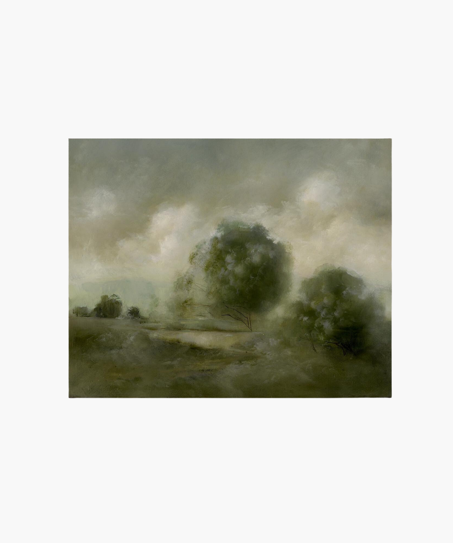 A soft, ethereal landscape painting depicts a foggy meadow with blurred trees. The muted green tones and hazy sky evoke a calm, serene atmosphere. | SW Home