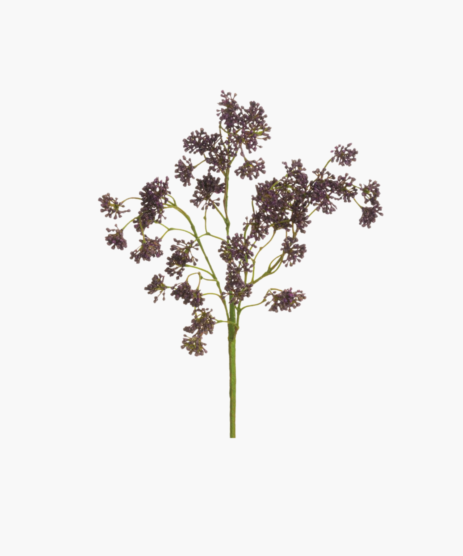 A delicate spray of artificial purple blossoms on slender green stems, arranged against a white background. The scene is simple and elegant. | SW Home