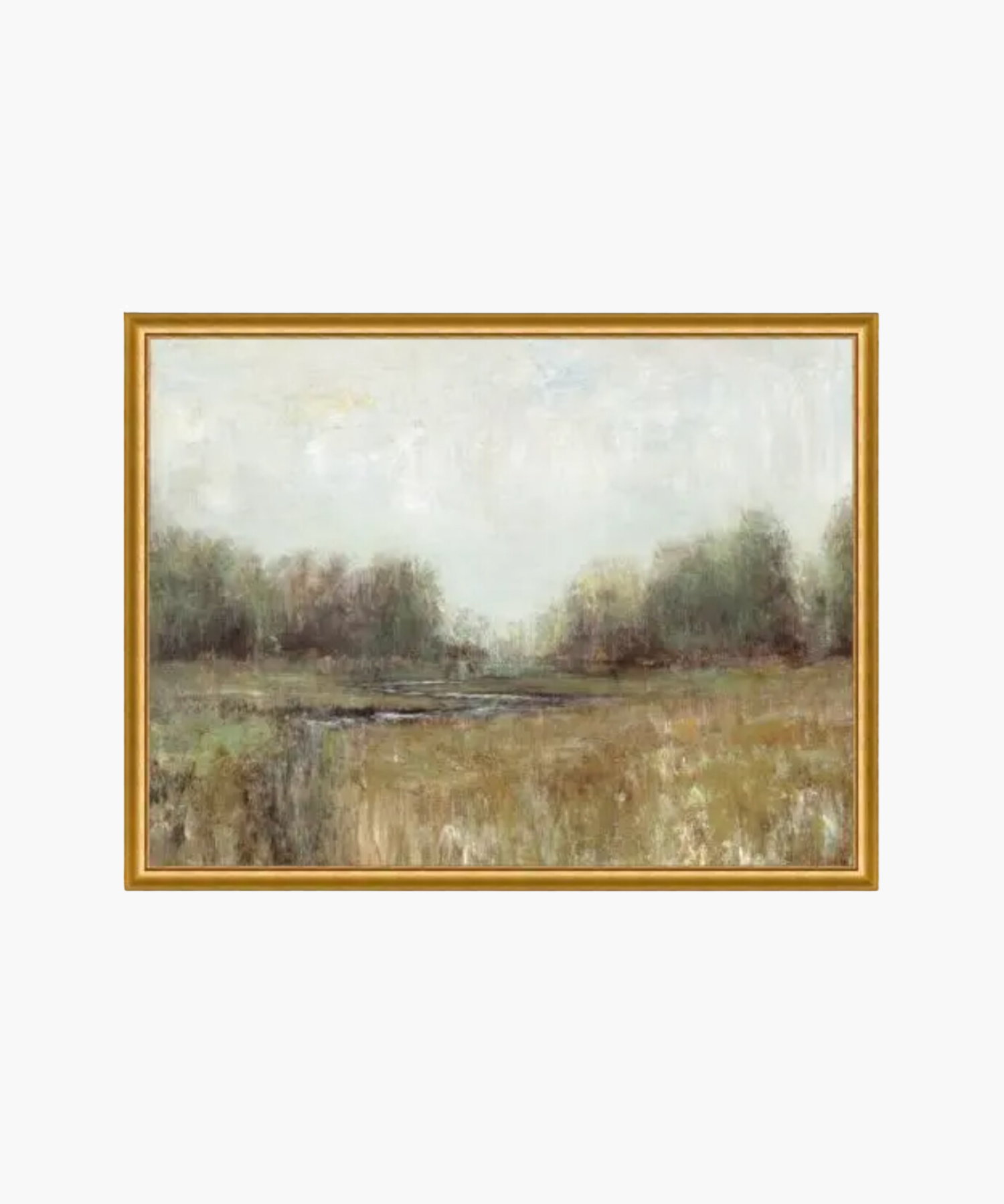 Framed landscape painting of a tranquil meadow with muted tones. Soft trees border a field under a pale, overcast sky, evoking serenity. | S.W. Home