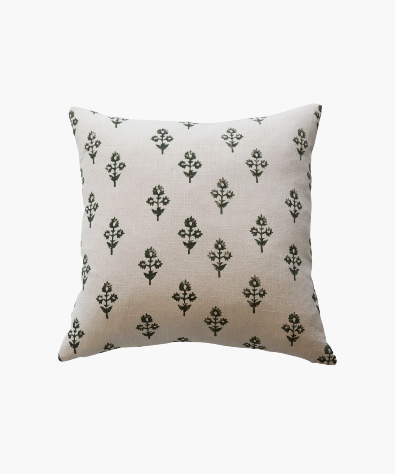 A square beige pillow with a pattern of evenly spaced, small dark green botanicals. The design is simple and calming, evoking a natural, serene atmosphere. | S.W. Home
