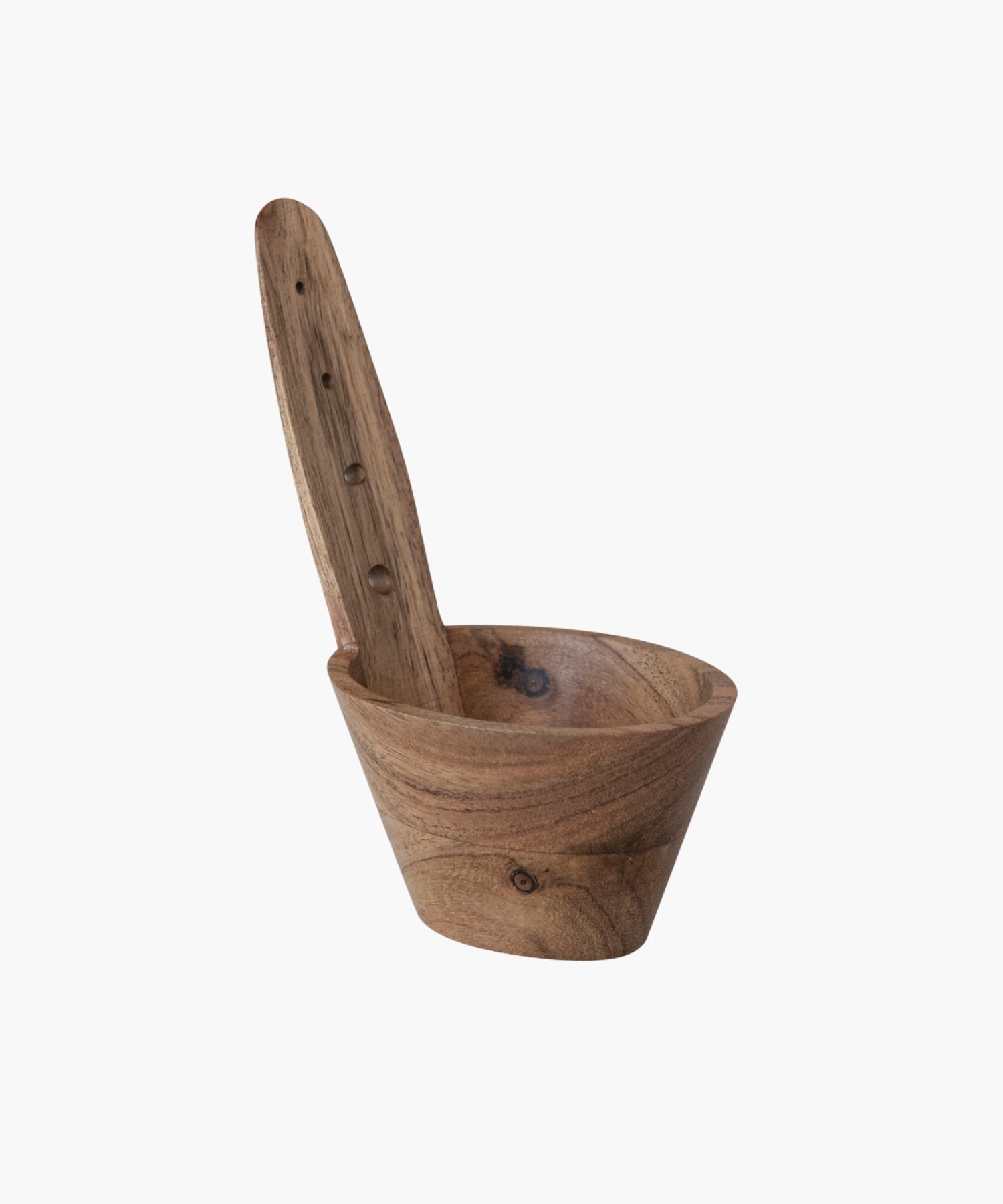 A natural Acacia wood herb stripper featuring a cylindrical bowl and a paddle-like handle with holes. The wood grain is prominent, conveying a rustic, hand-crafted feel. | S.W. Home