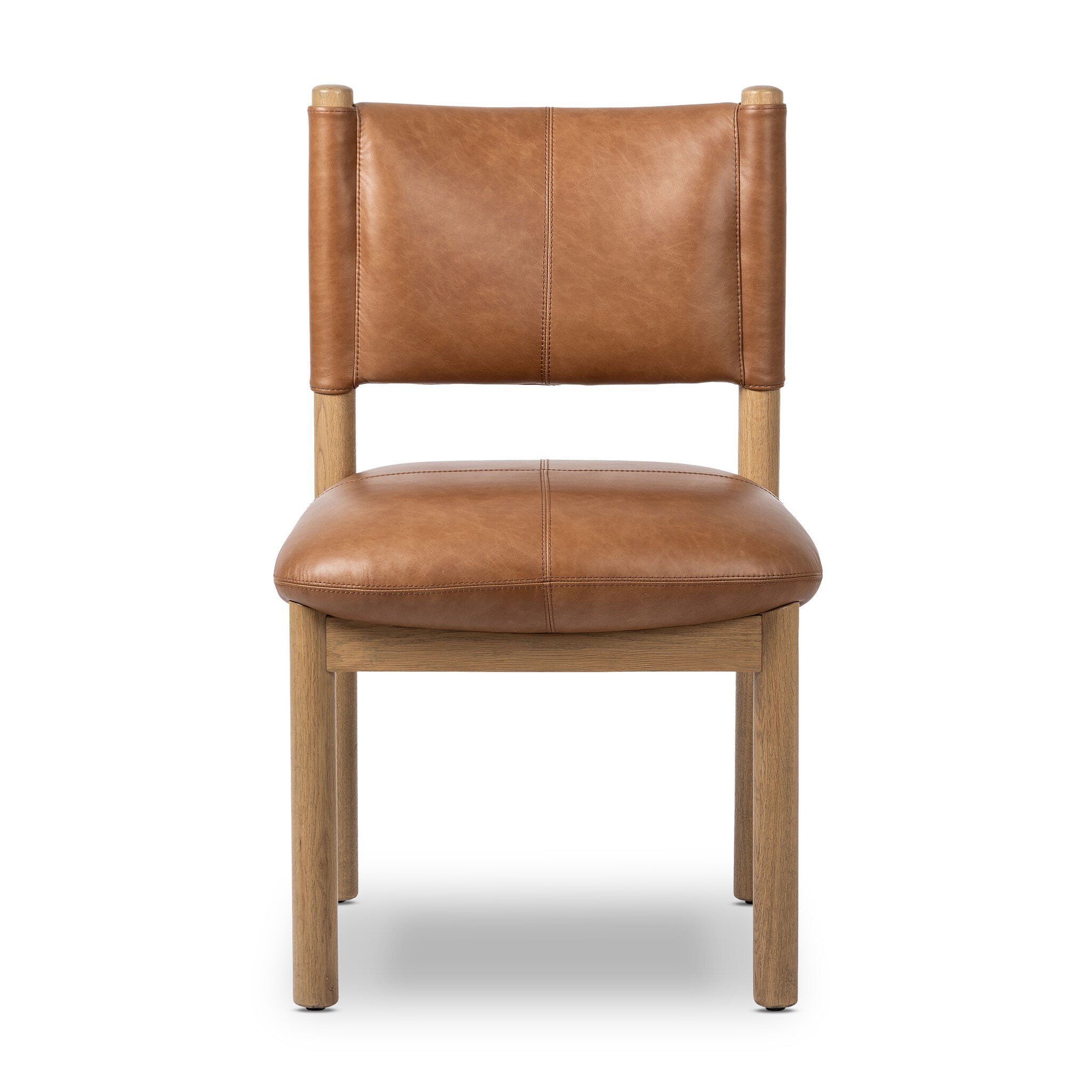 Brown leather dining chair with wooden frame on a white background. | S.W. Home