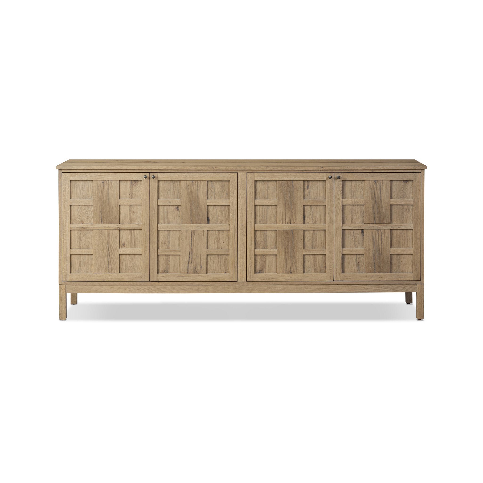 Wood Alessio sideboard with a grid like pattern on the doors on a white background. | S.W. Home