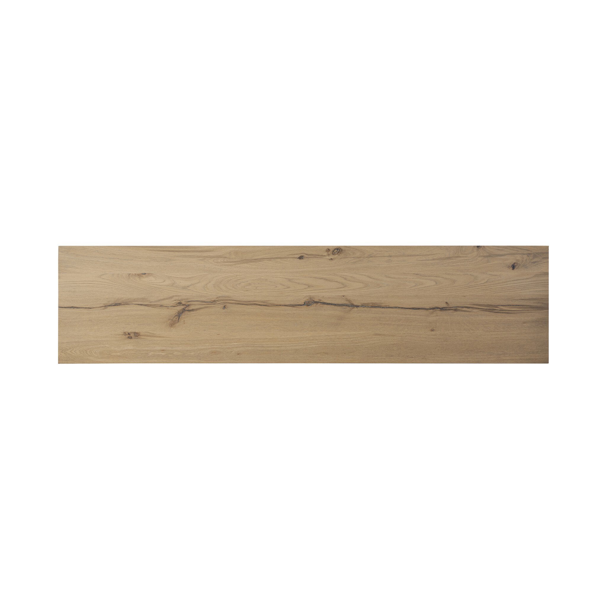 Overhead view of a wood sideboard with a grid like pattern on the doors on a white background.