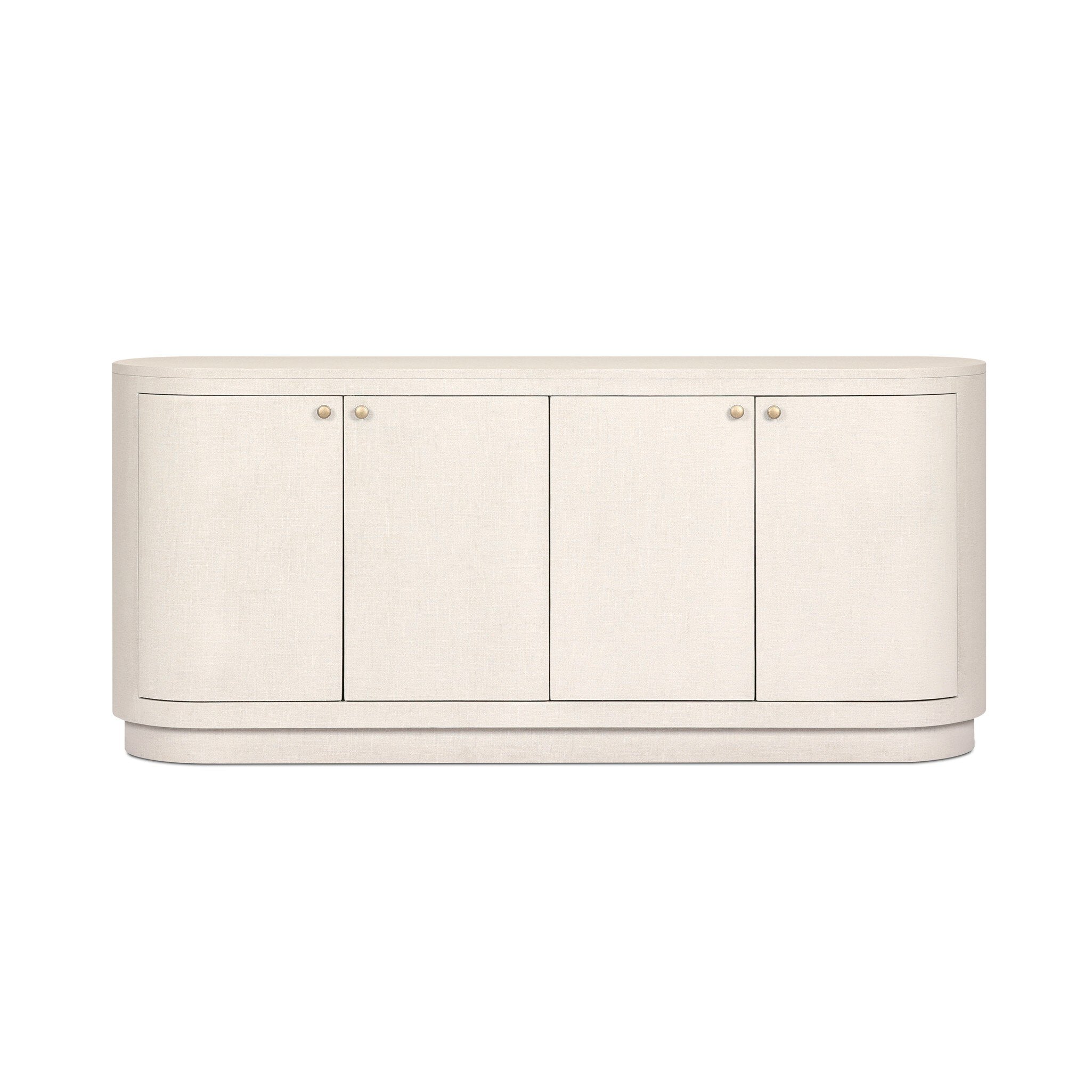 Ivory, oval shaped sideboard cabinet with four doors on a white background. | S.W. Home