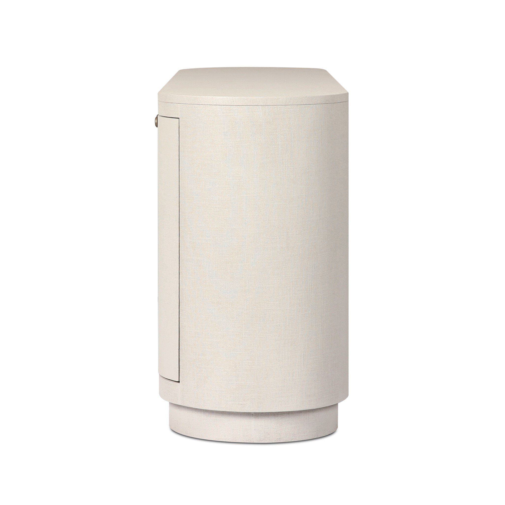 Side profile of a white oval shaped sideboard cabinet with four doors on a white background.