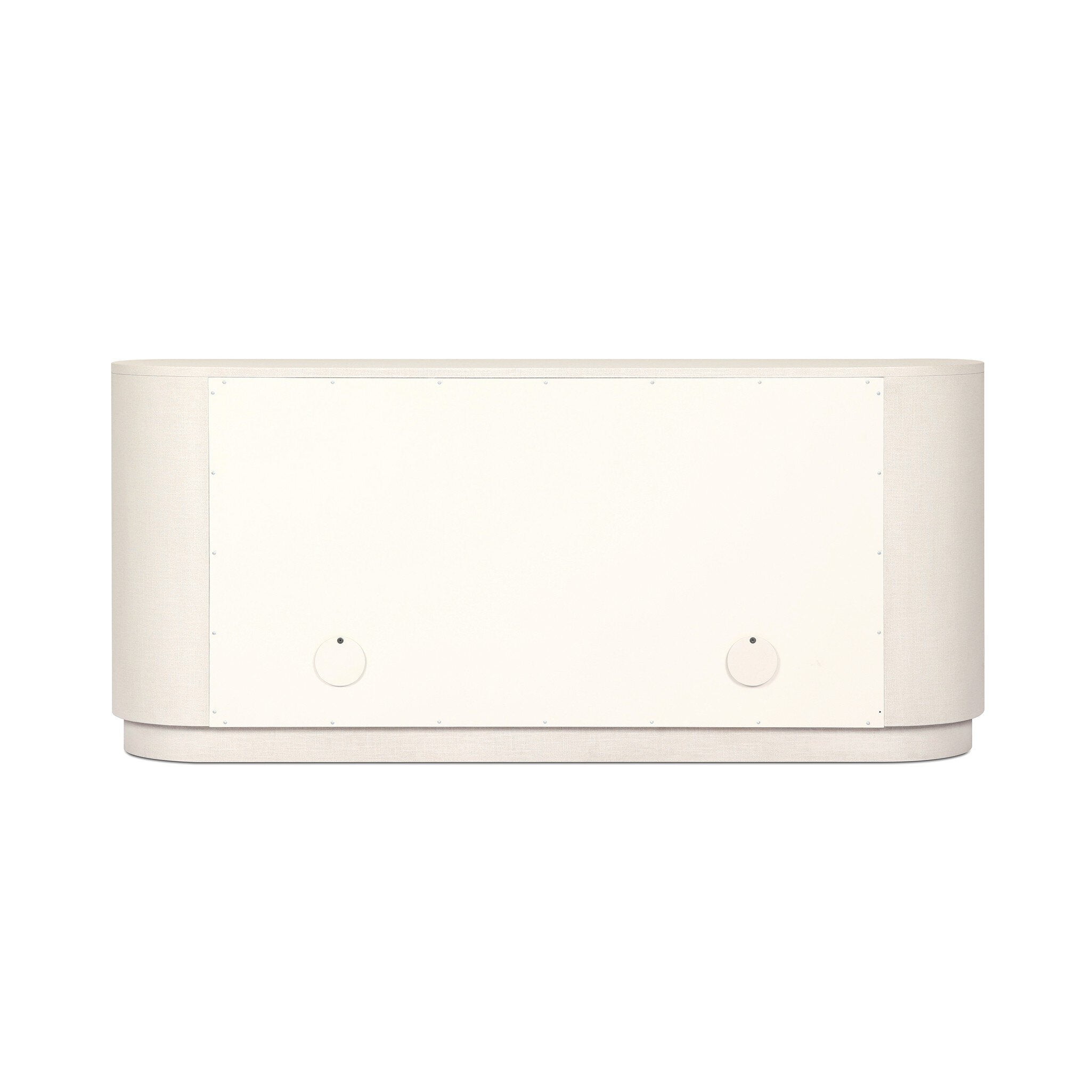 The back of a white oval shaped sideboard cabinet with four doors on a white background.