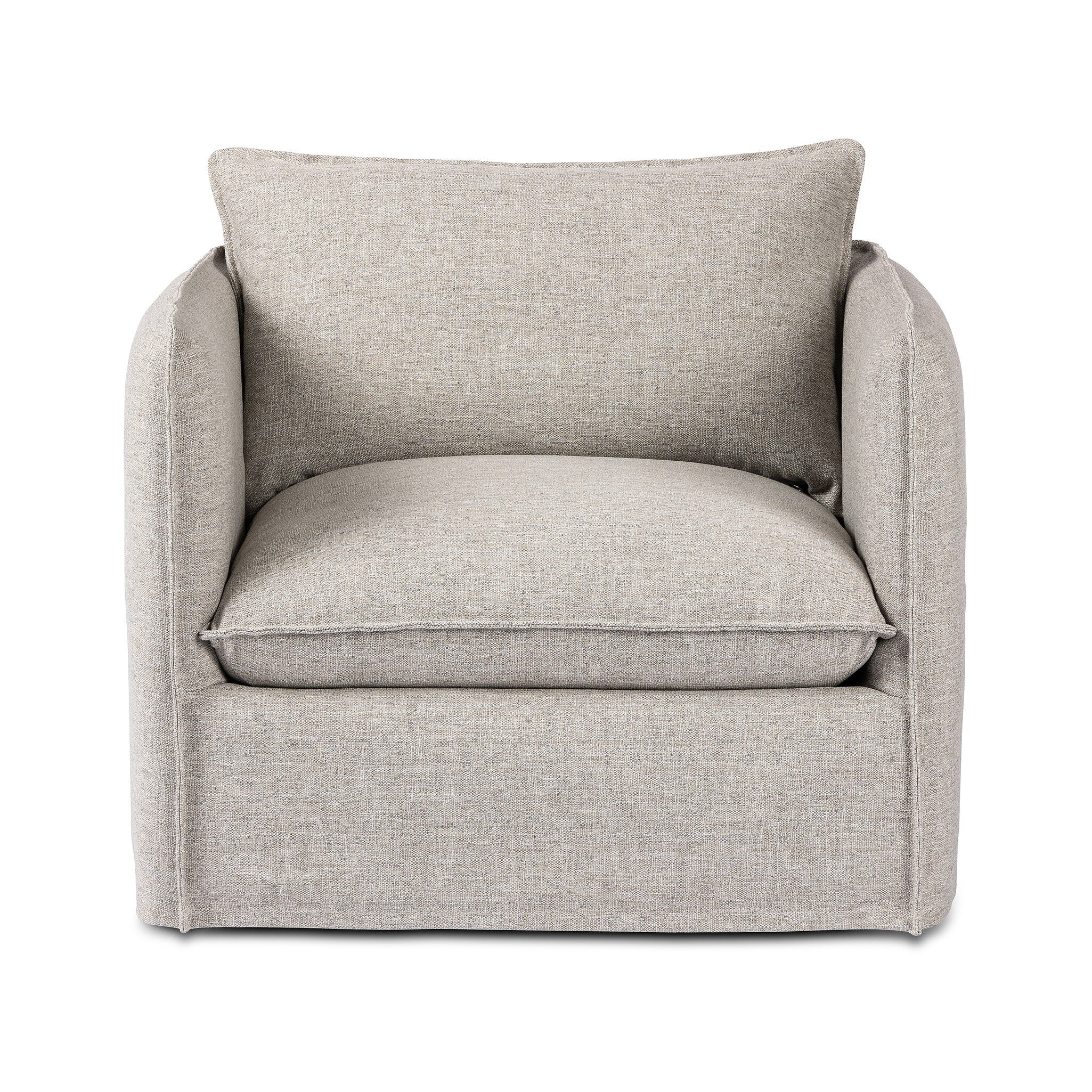 Neutral gray outdoor swivel armchair with a pillow on a white background. | S.W. Home