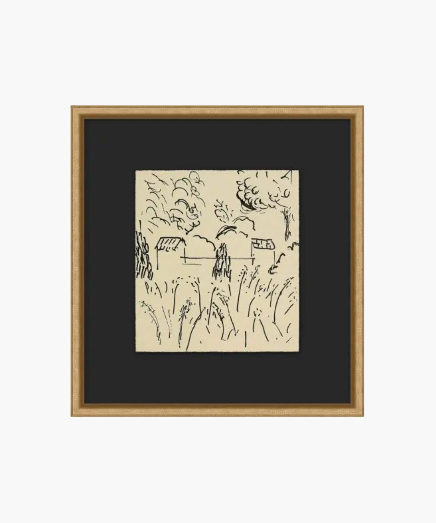 Ink sketch of a serene landscape with a field, two small buildings, and swirling clouds in the sky. Framed in wood, conveying simplicity and calm. | S.W. Home