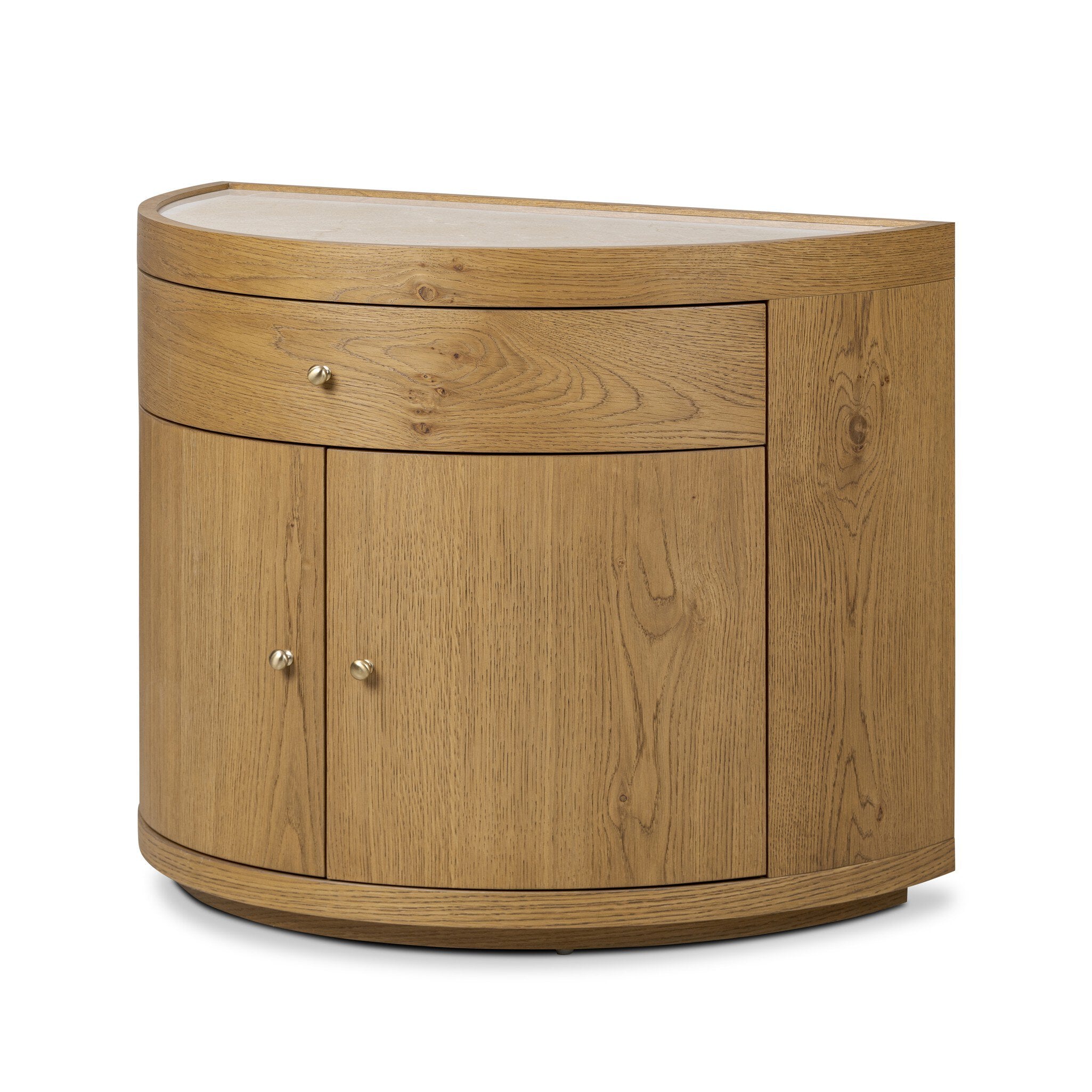 Crescent style night stand with doors and cream marble top. 