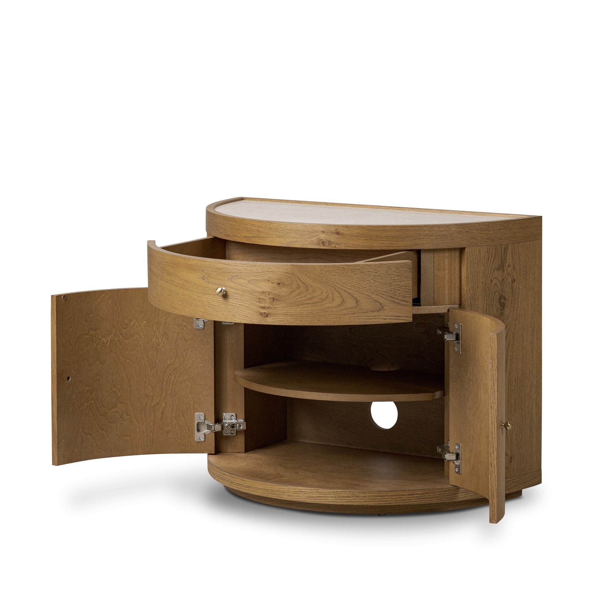 Crescent style night stand with doors and cream marble top. 