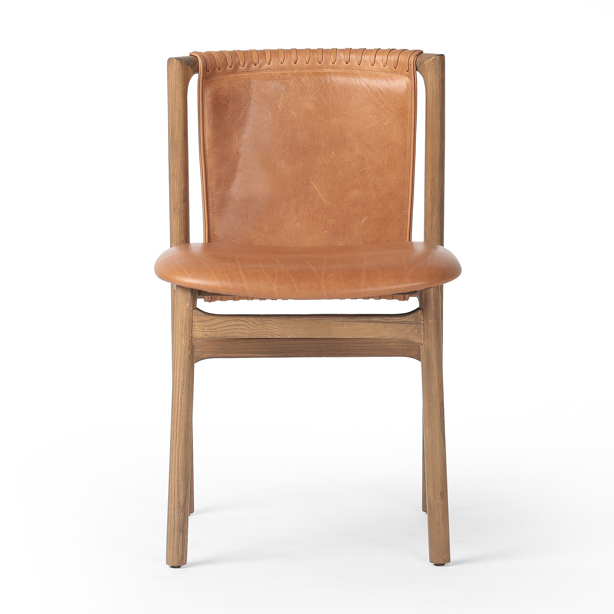 Tobacco-grain leather chair with leather wrap detailing on a wooden frame on a white background. | S.W. Home