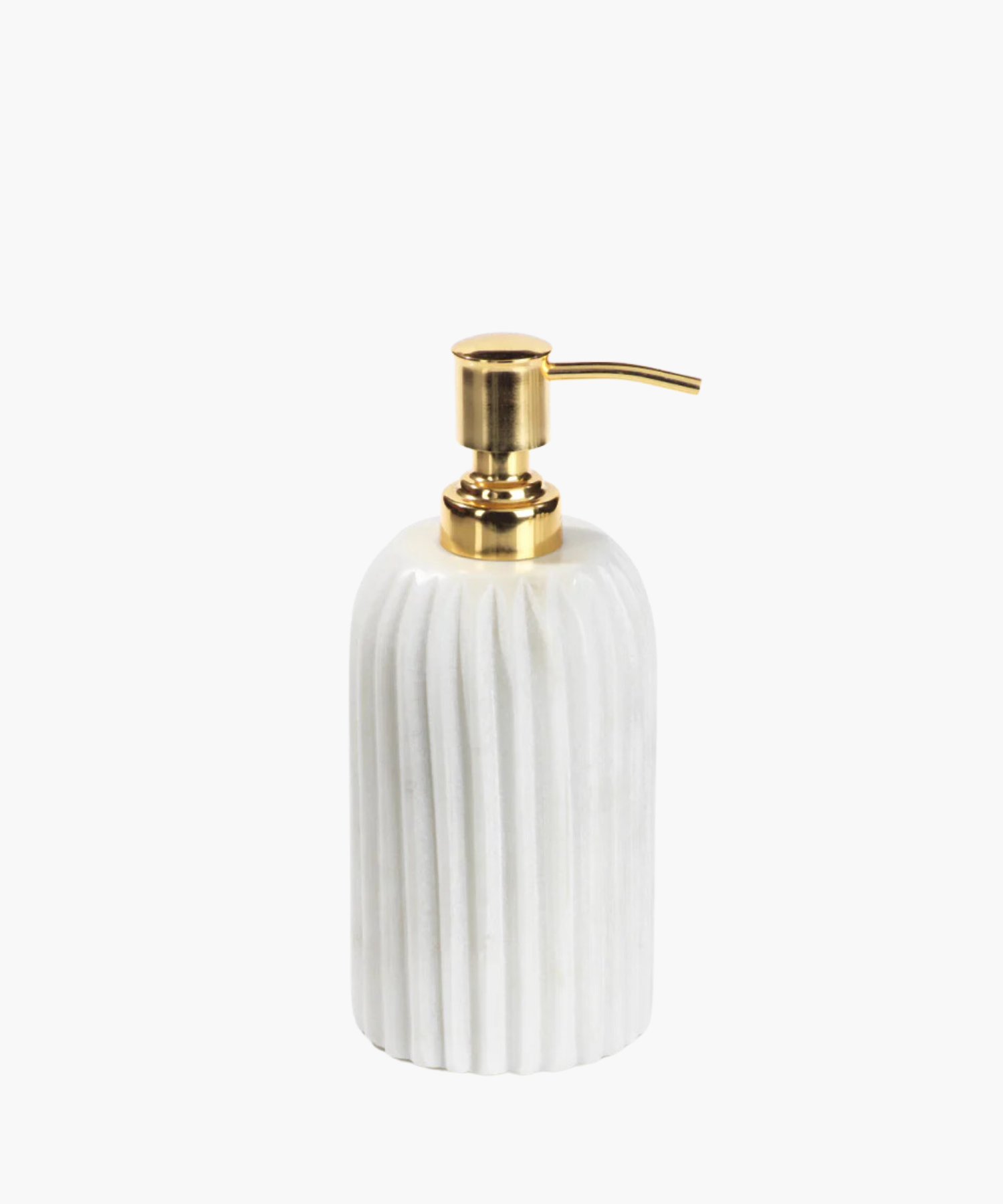 Elegant soap dispenser with a ribbed white marble base and a shiny gold pump. The design conveys luxury and sophistication in a minimalistic style. | S.W. Home