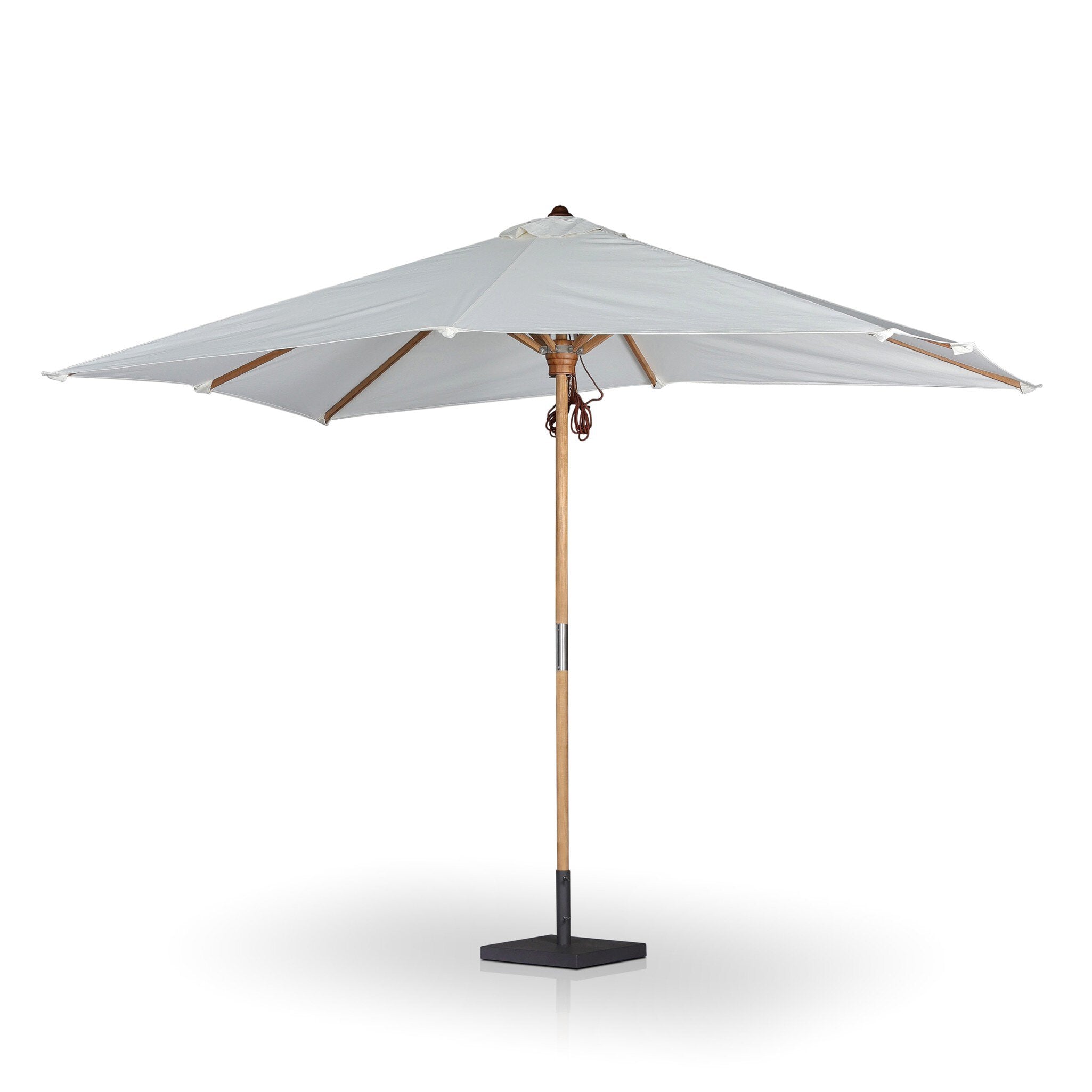 Beige patio umbrella with wooden frame and black base on a white background. | S.W. Home