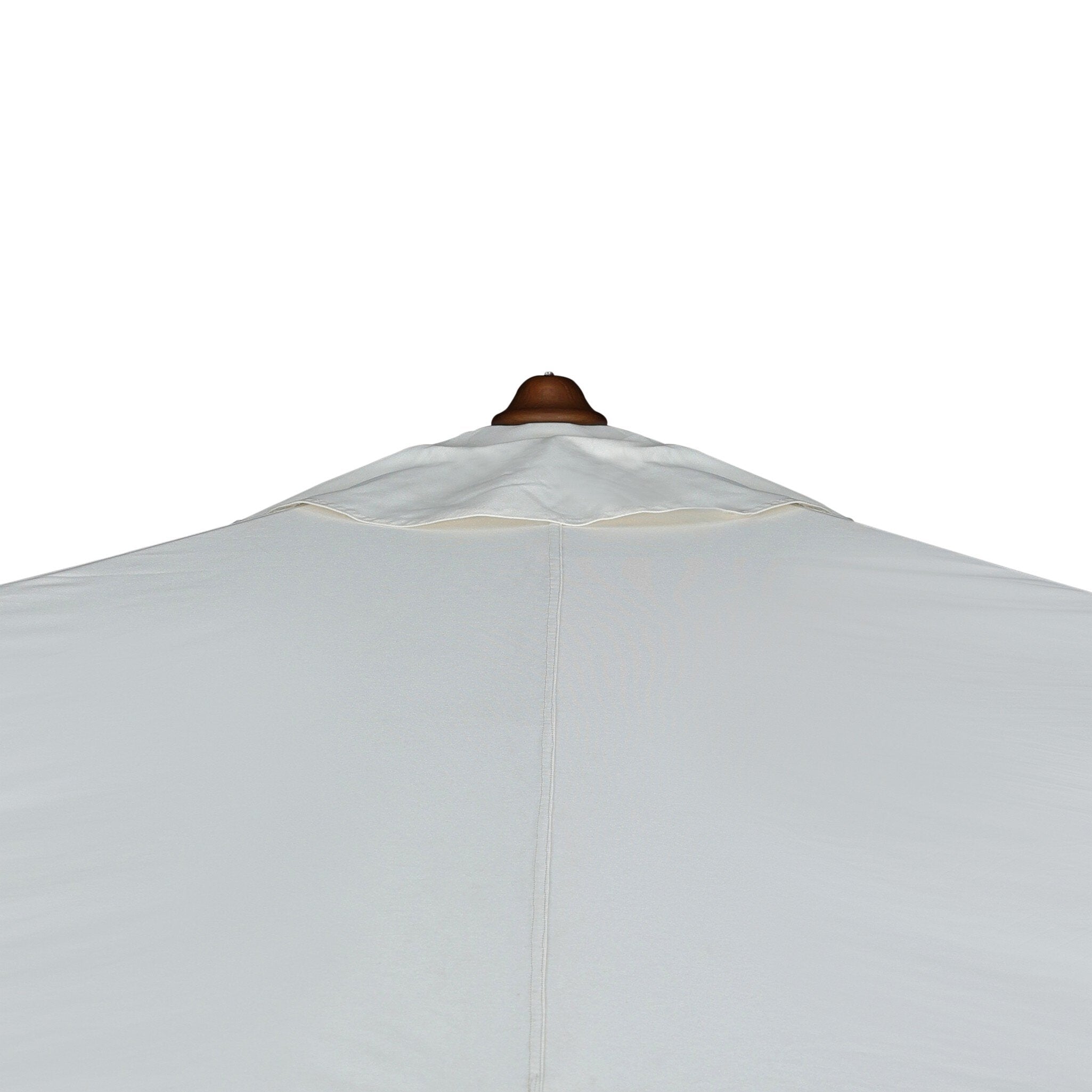 White patio umbrella with wooden frame and black base on a white background.