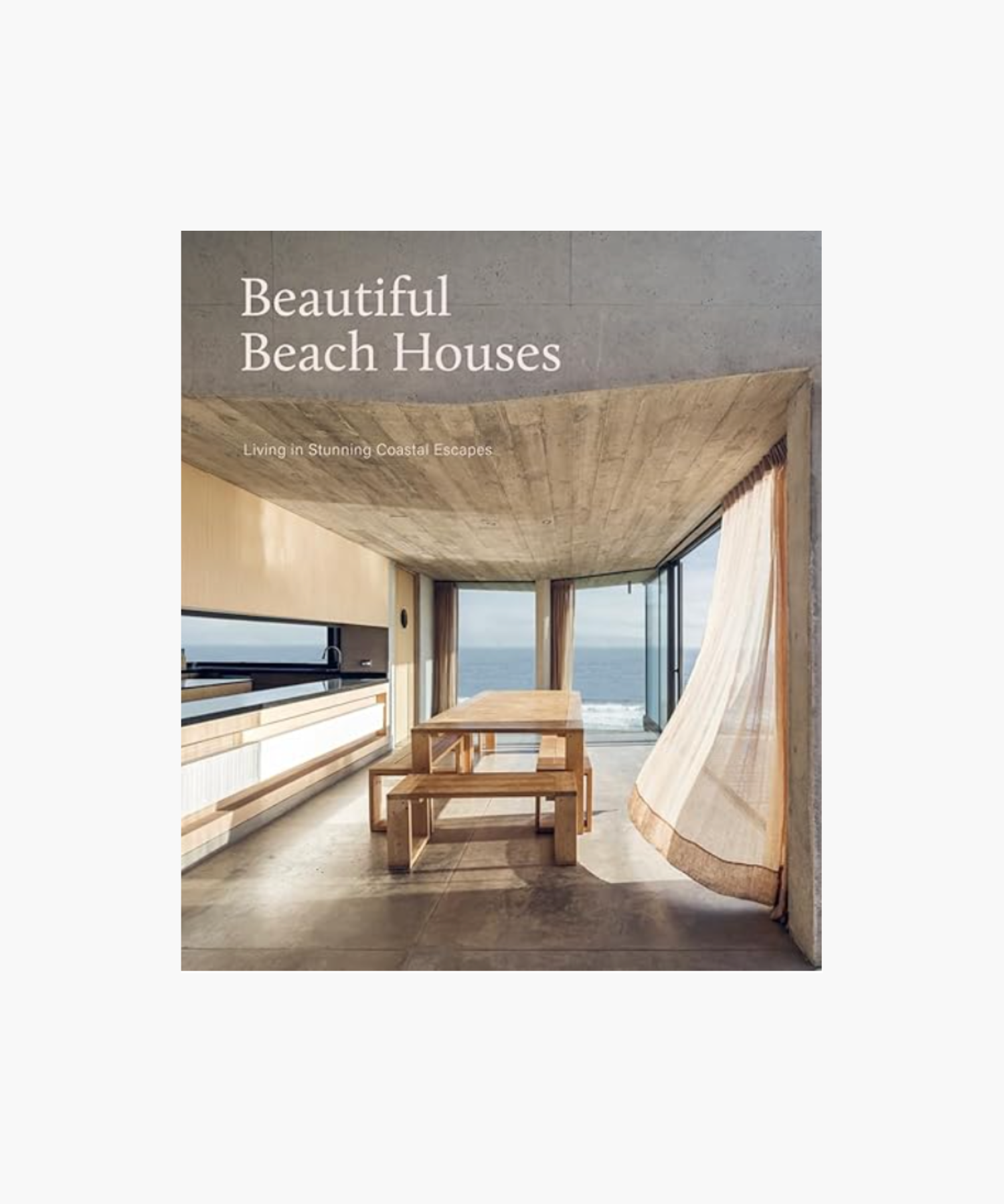 Interior of a modern beach house with a minimalist wooden table, benches, large windows showcasing an ocean view, and light curtains swaying gently. | S.W. Home