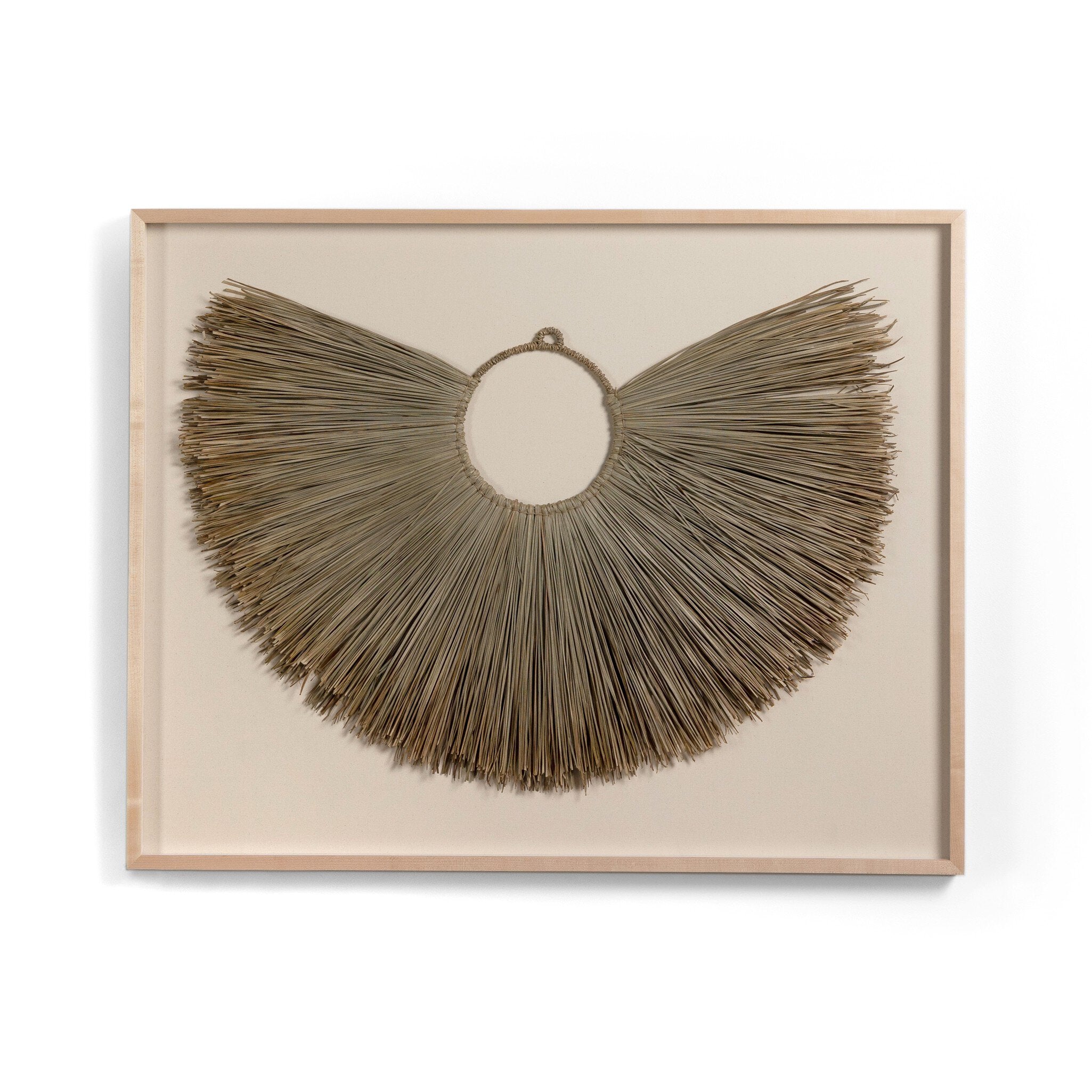 Framed palm leaf decorative wall art with a circular, fan-like design on a beige background. | SW Home