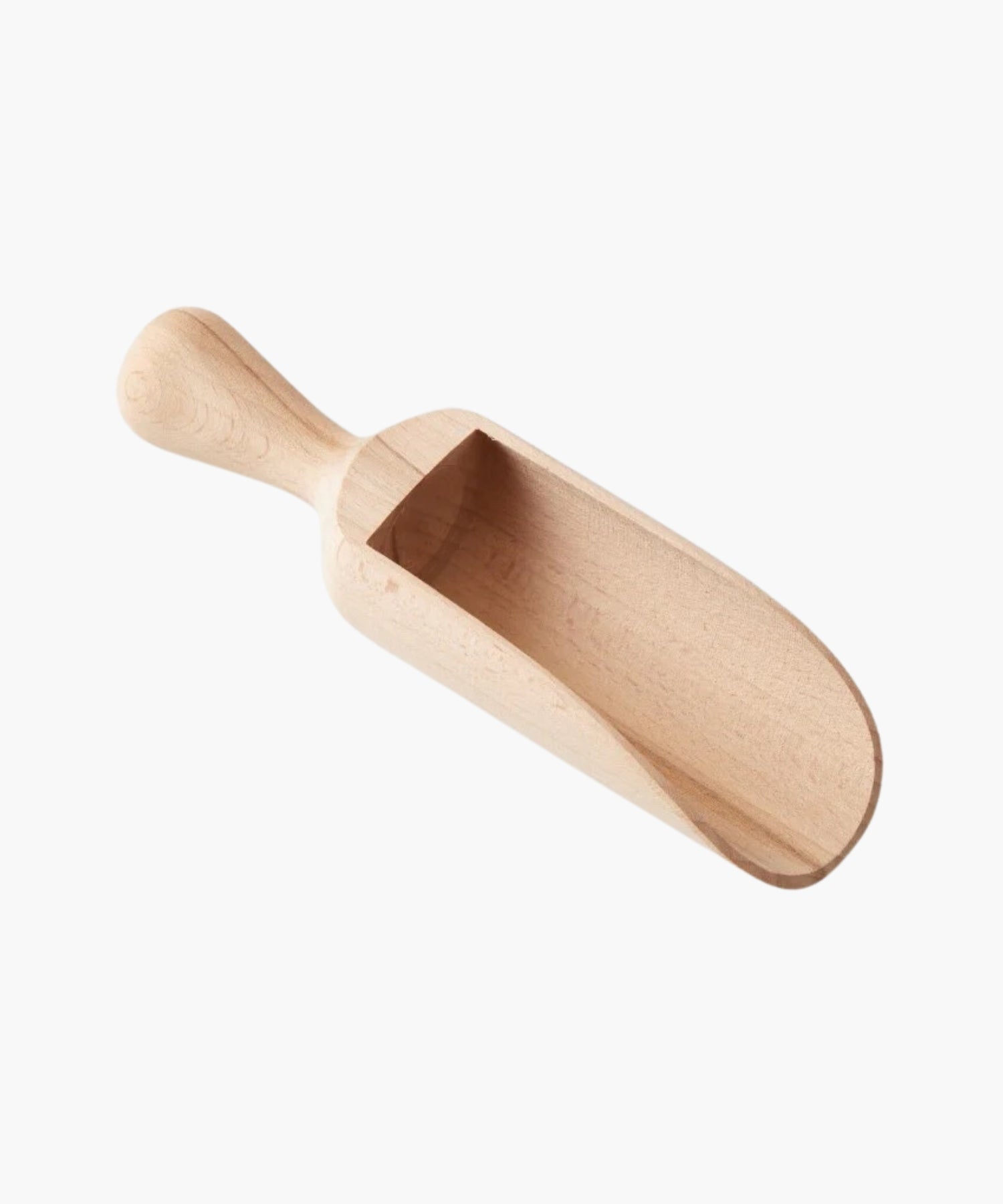 Beechwood scoop with a short handle and a broad, shallow bowl. The smooth, light-colored wood conveys a rustic, natural feel. | S.W. Home