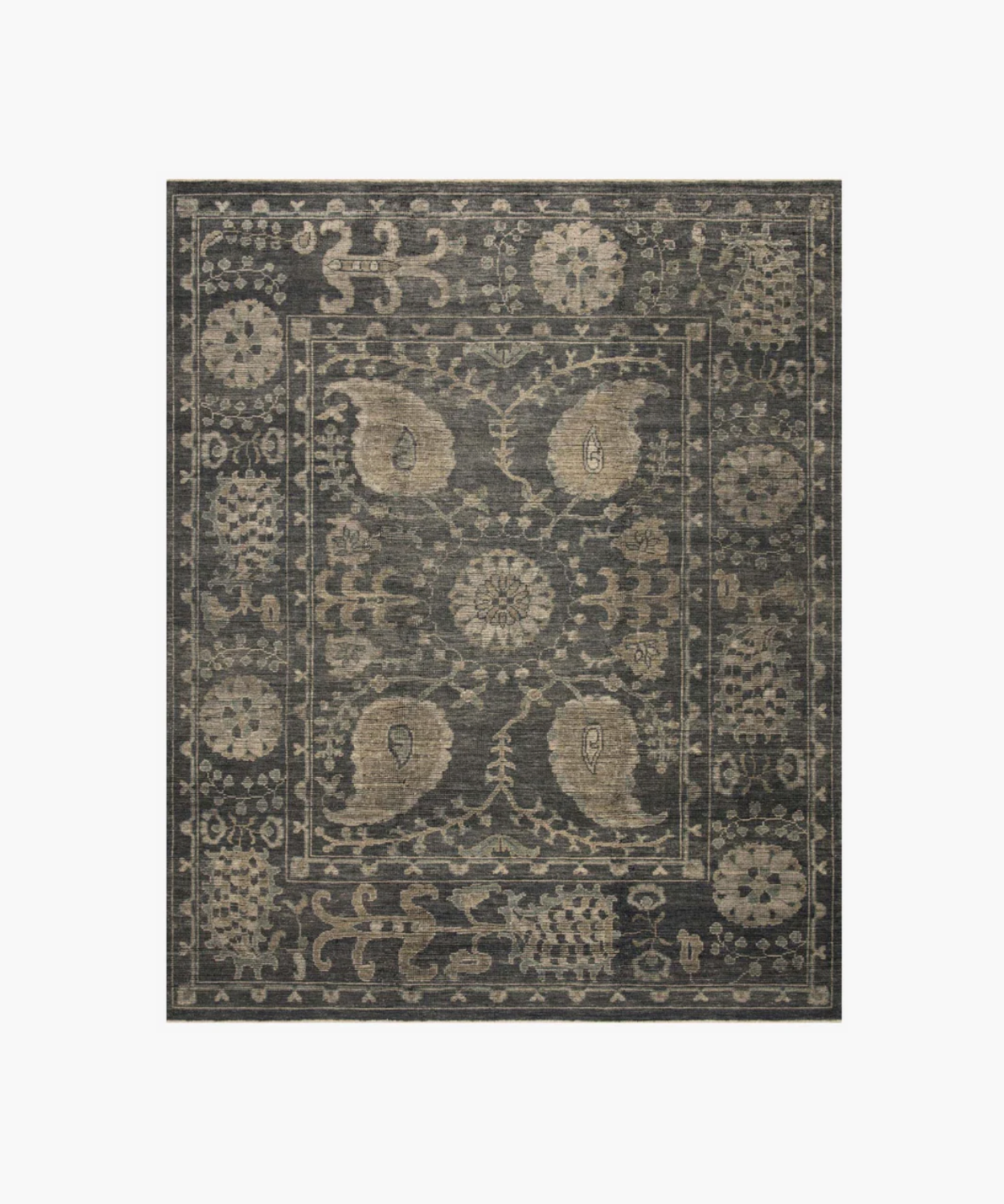 Ornate dark gray rug with intricate floral and paisley designs. Central medallion motif. Elegant, vintage style with a classic, sophisticated tone. | SW Home