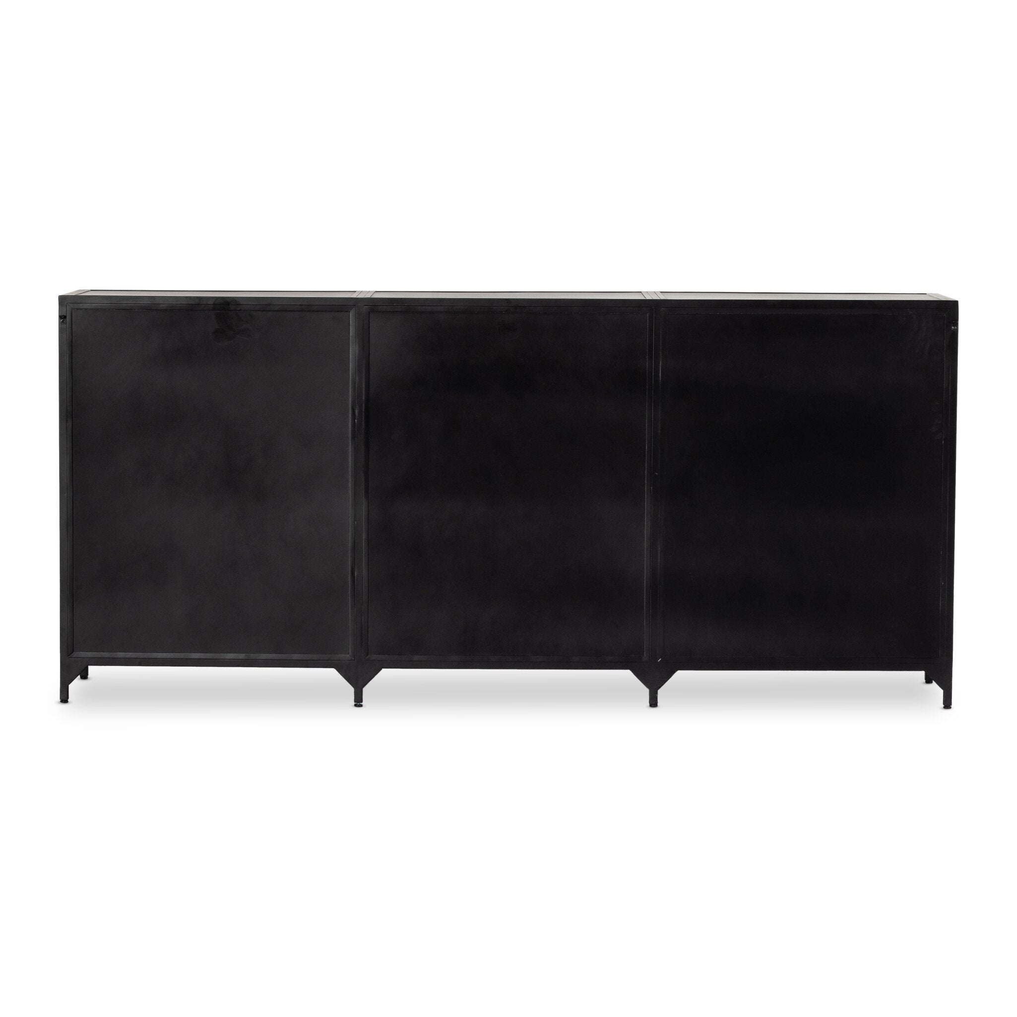 The back of a black dresser with twelve drawers and bronze knobs on a white background.