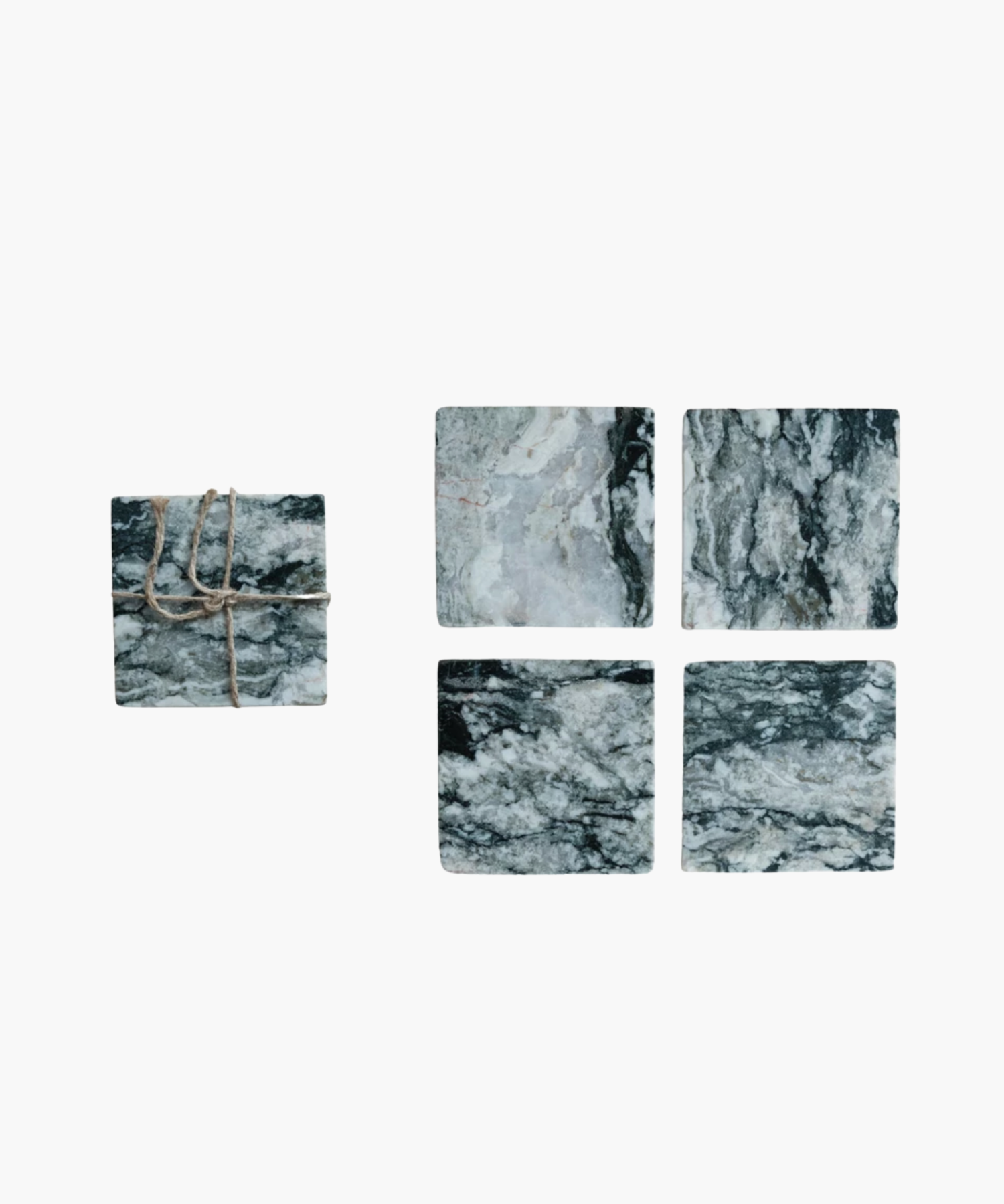 Set of four square marble coasters with dark gray and white swirling patterns. Four are arranged in a grid next to a set of coasters tied with twine. Elegant and natural. | S.W. Home