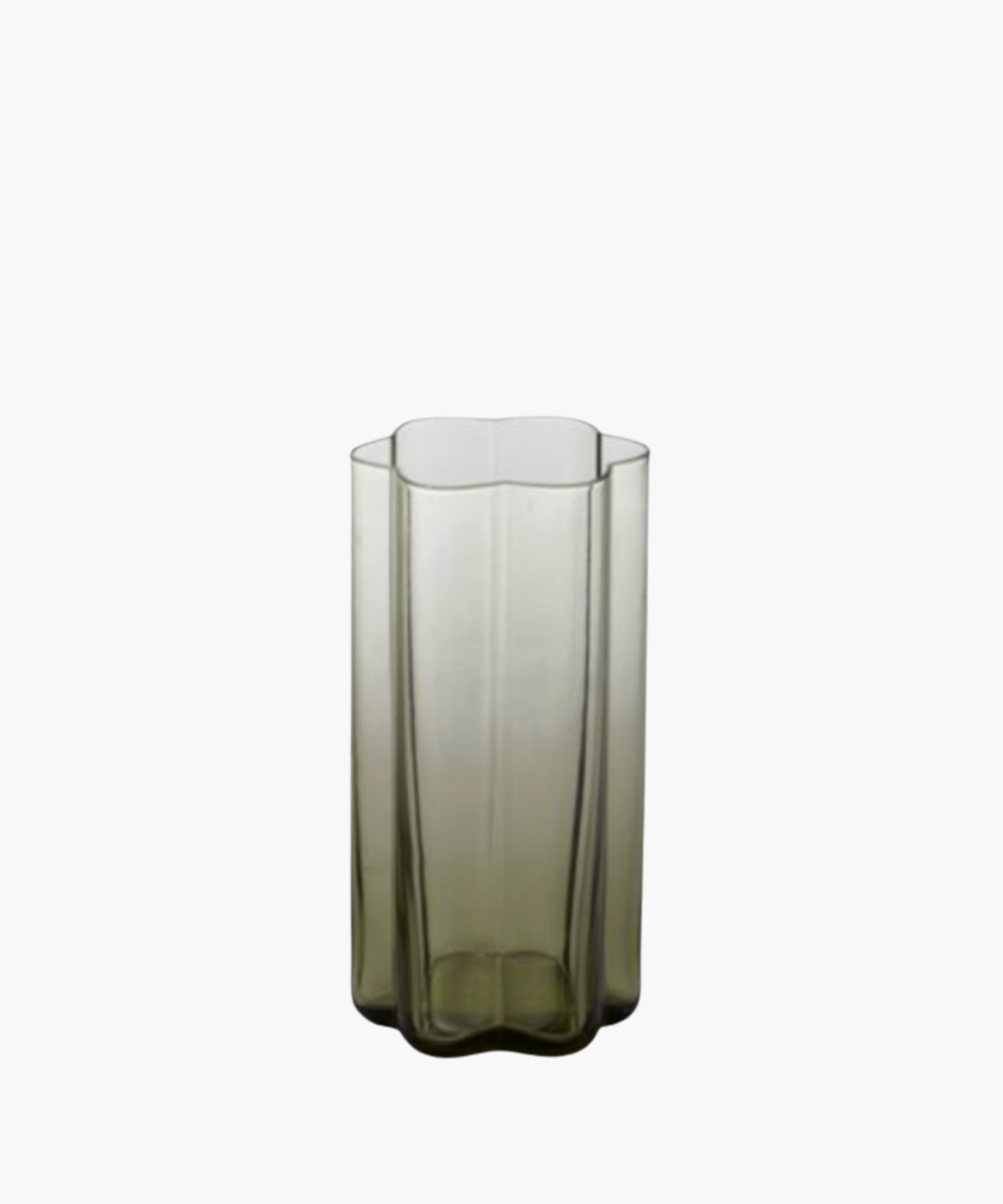 Tall, transparent glass with a unique geometric, wavy-edged design and a subtle green tint, giving a modern and elegant feel against a white background. | S.W. Home